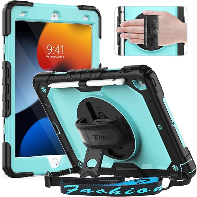 Timecity iPad 10.2 Inch Case, iPad 9th 8th 7th Generation Case, Heavy Duty Shockproof Cover with Screen Protector, 360 Rotating Stand, Pencil Holder for iPad 9/8/7 Case 2021/2020/2019, Light Blue