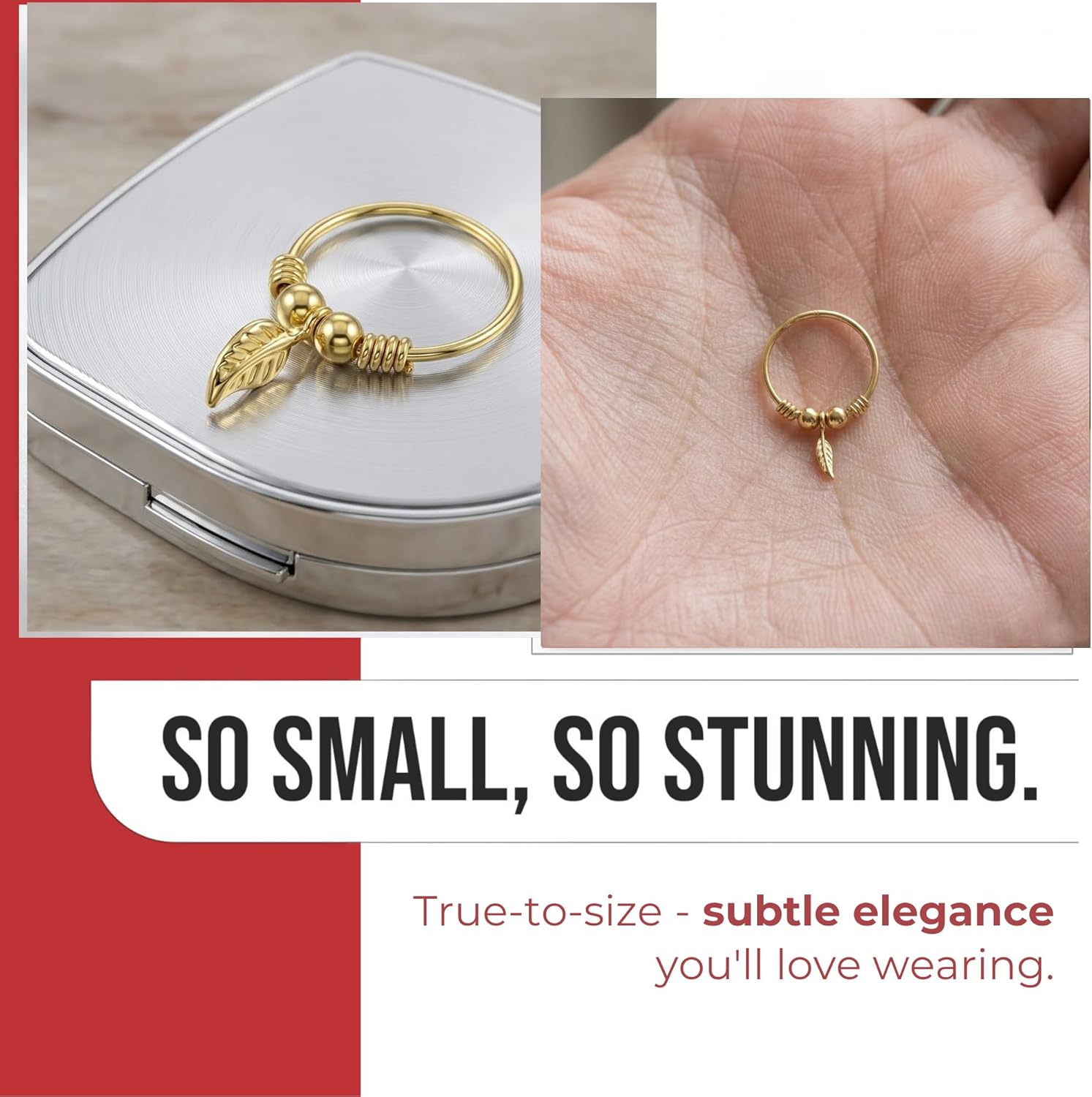9K Solid Yellow Gold Single Leaf with Double Plain Ball and Spring Coli 22 Gauge Hoop Nose Ring - Cartilage - Daith - Rook - Lobe - Conch Piercing Body Jewelry
