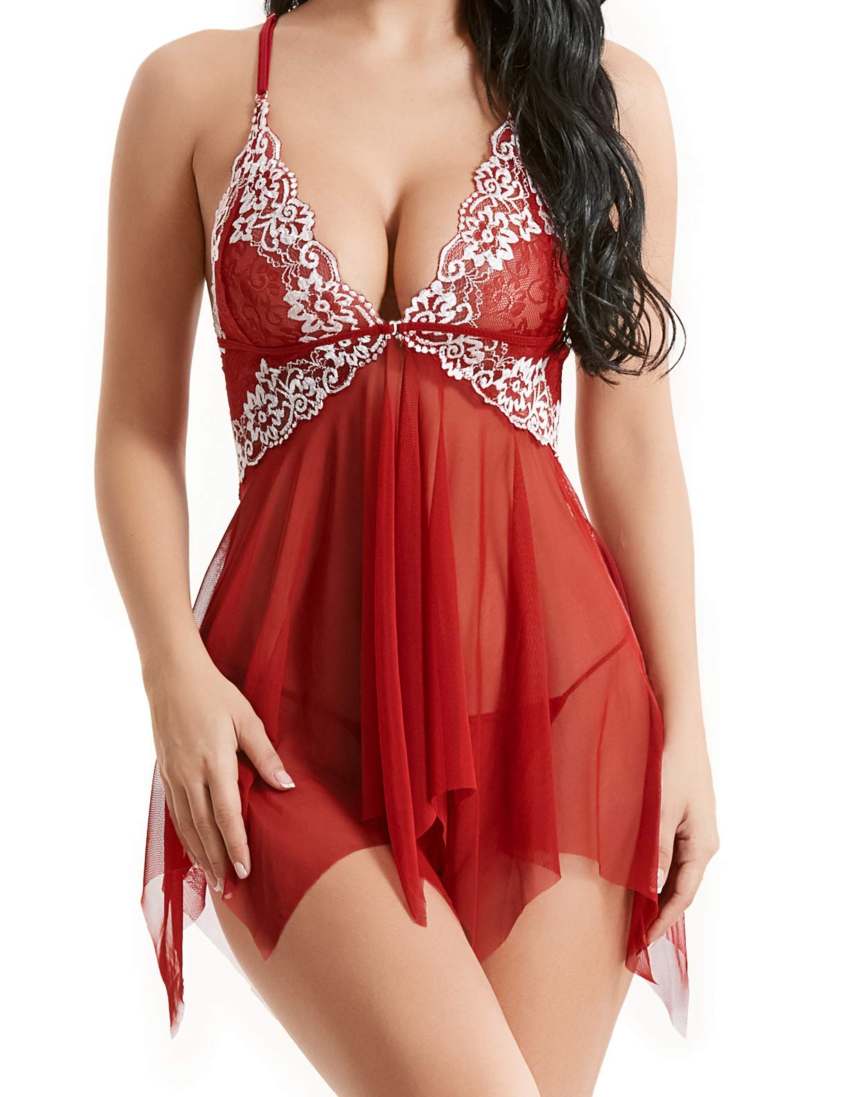 ALLUROMAN Women Lace Babydoll Sheer Stretch Lingerie Mesh Strap Chemise Set - Red - Small