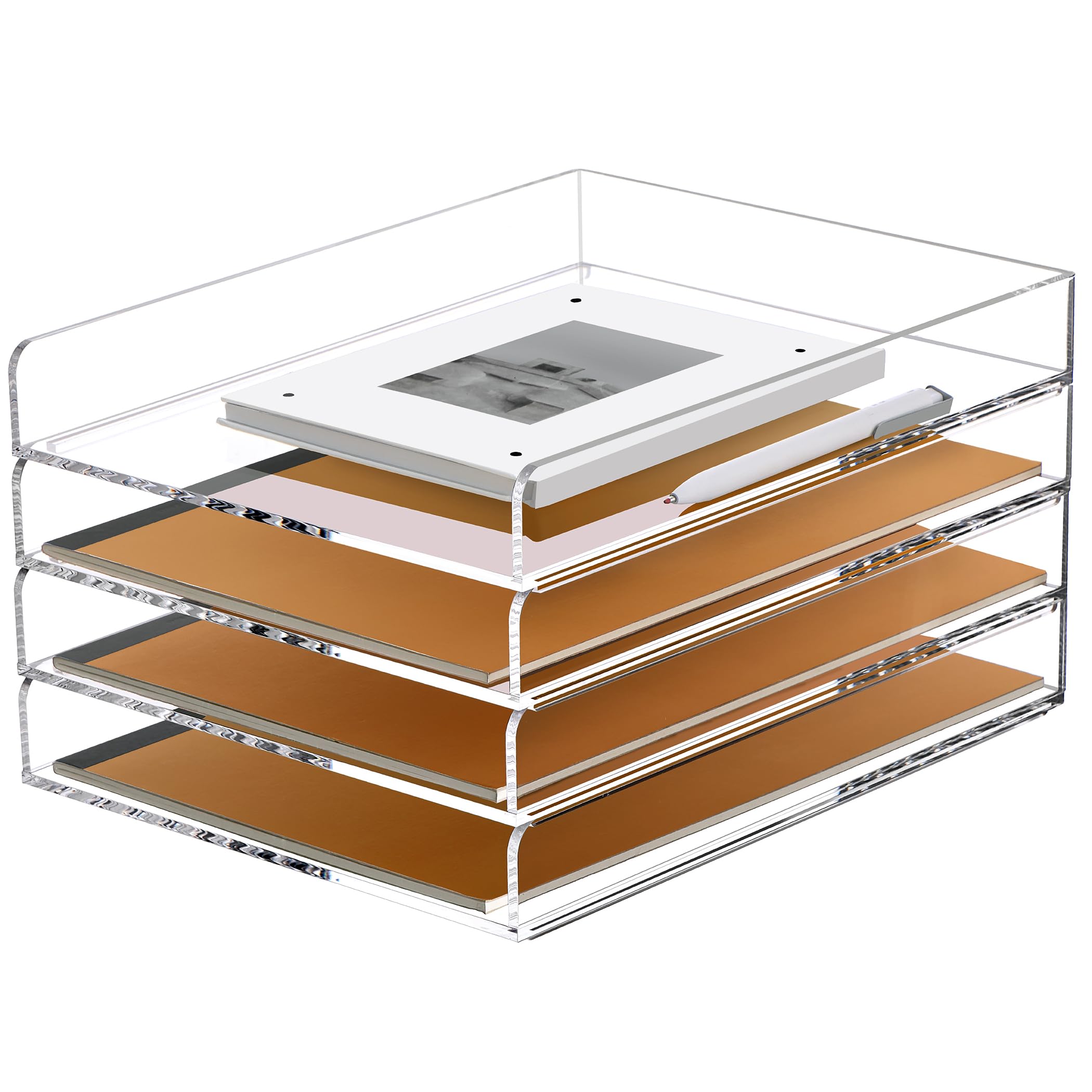 Photo 1 of SANRUI 4 Tier Stackable Paper Letter Tray, Acrylic Vertical File Tray A4 Desk Organizer and Accessories Sorter Trays, Clear Workspace Office Supplies Organizers,12inx9.25inx6.6in