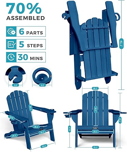 Miniatura 2 de Silla Adirondack plegable, silla Adirondack de HDPE con 2 soportes para tazas, sillas para fogatas al aire libre premontadas para patio, jardín,