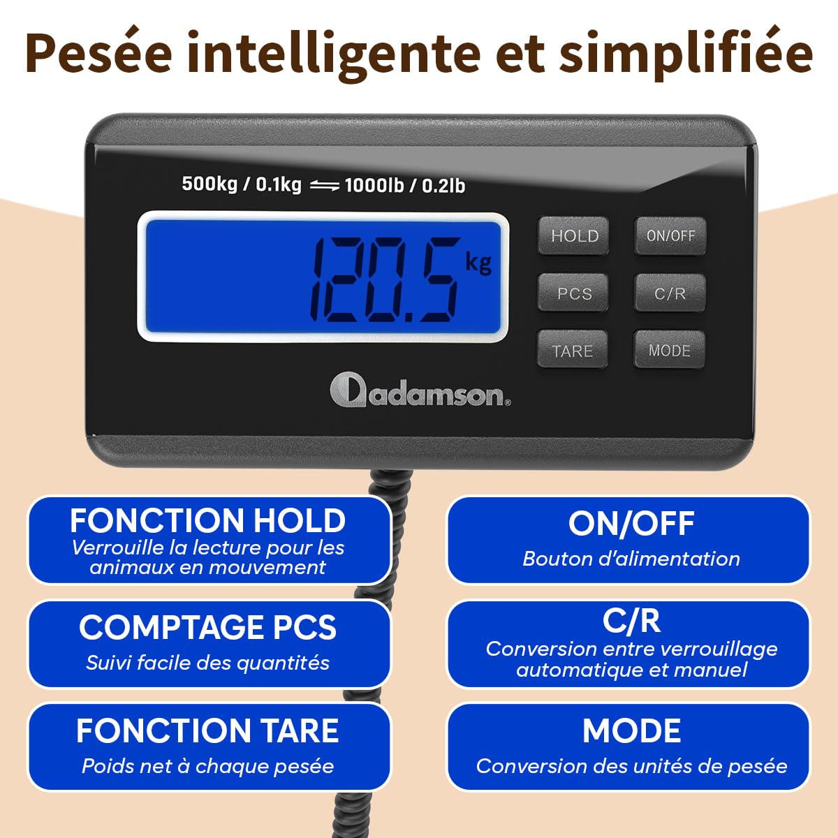 Adamson Balance Animaux 500 kg – Balance Professionnelle Électronique pour Chiens, Chats et Élevage – avec Fonctions Tare, Hold, PCS idéale aussi pour Colis – Alimentation Secteur ou Piles