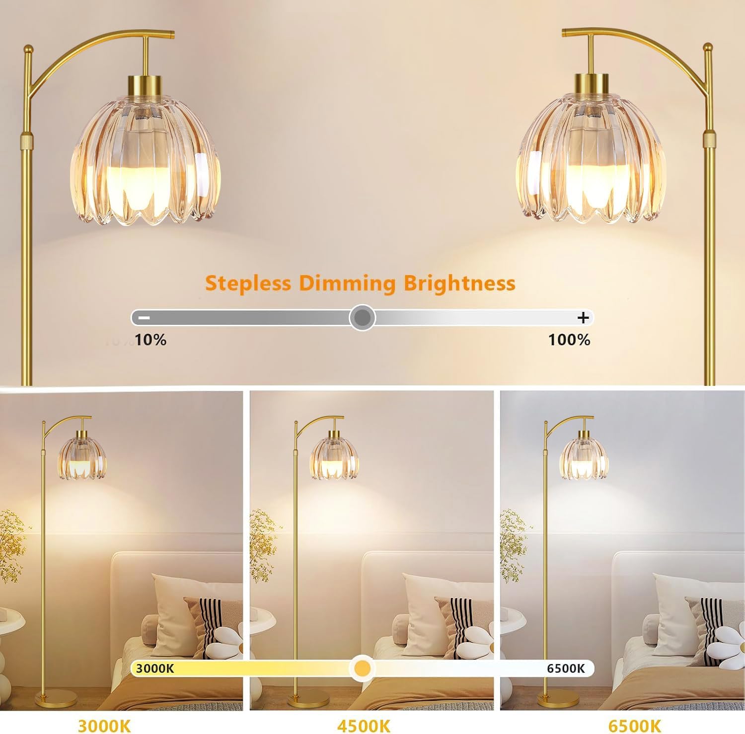 Glass Floor Lamp for Living Room,Bedroom,Gold Dimmable Standing Lamp with Remote,Mid Century Modern Brass Tall Lamp Boho Floor Lamps Arc Stained Flower Floor Light Lamp Girls Bohemian