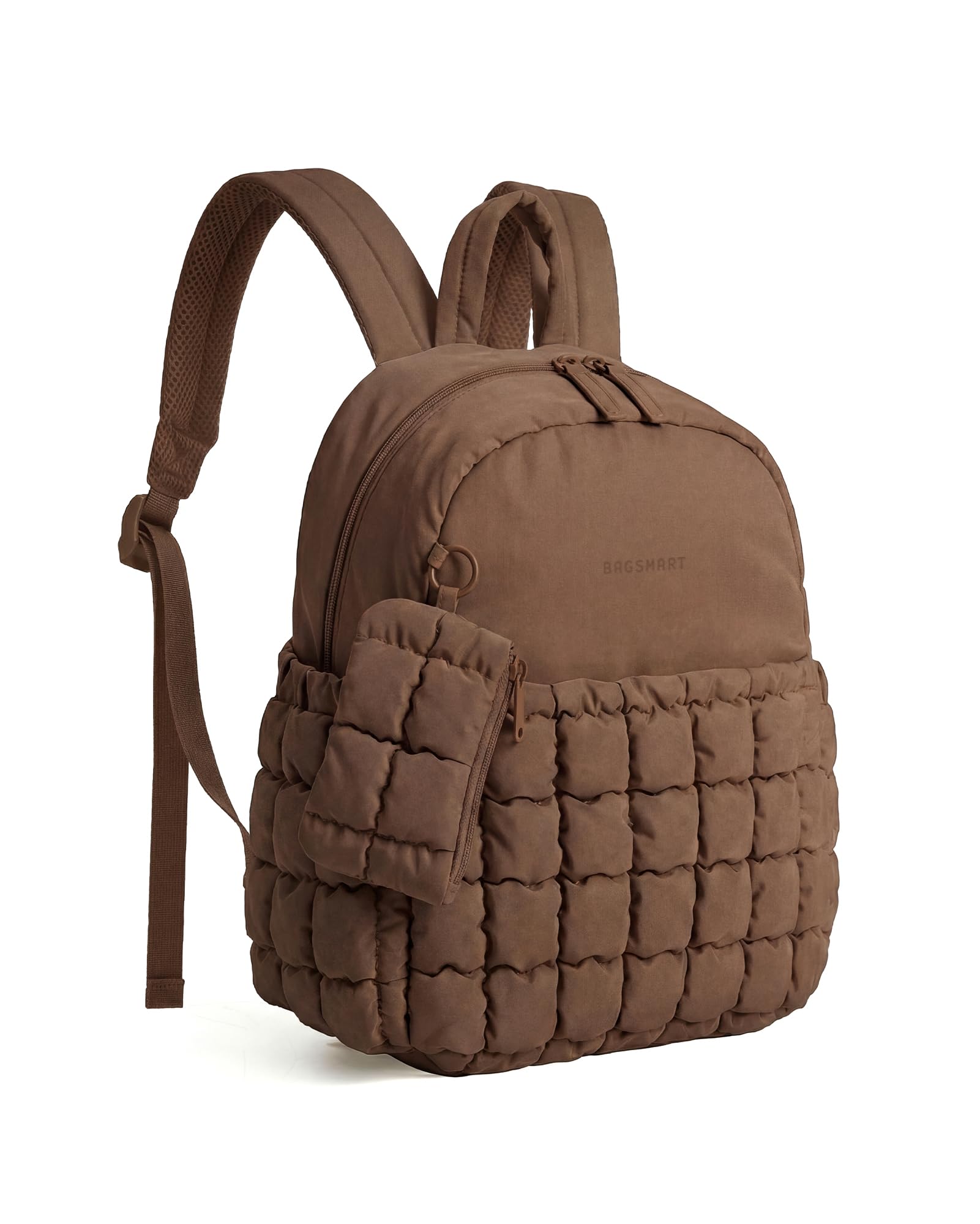 BAGSMART Mini Backpacks for Women, Puffy Checkered Quilted Small Backpack with Pouch, Lightweight Daypack Purse, Water-Resistant Bookbag for Daily Travel College, 2-in-1 Set, Brown — view 13