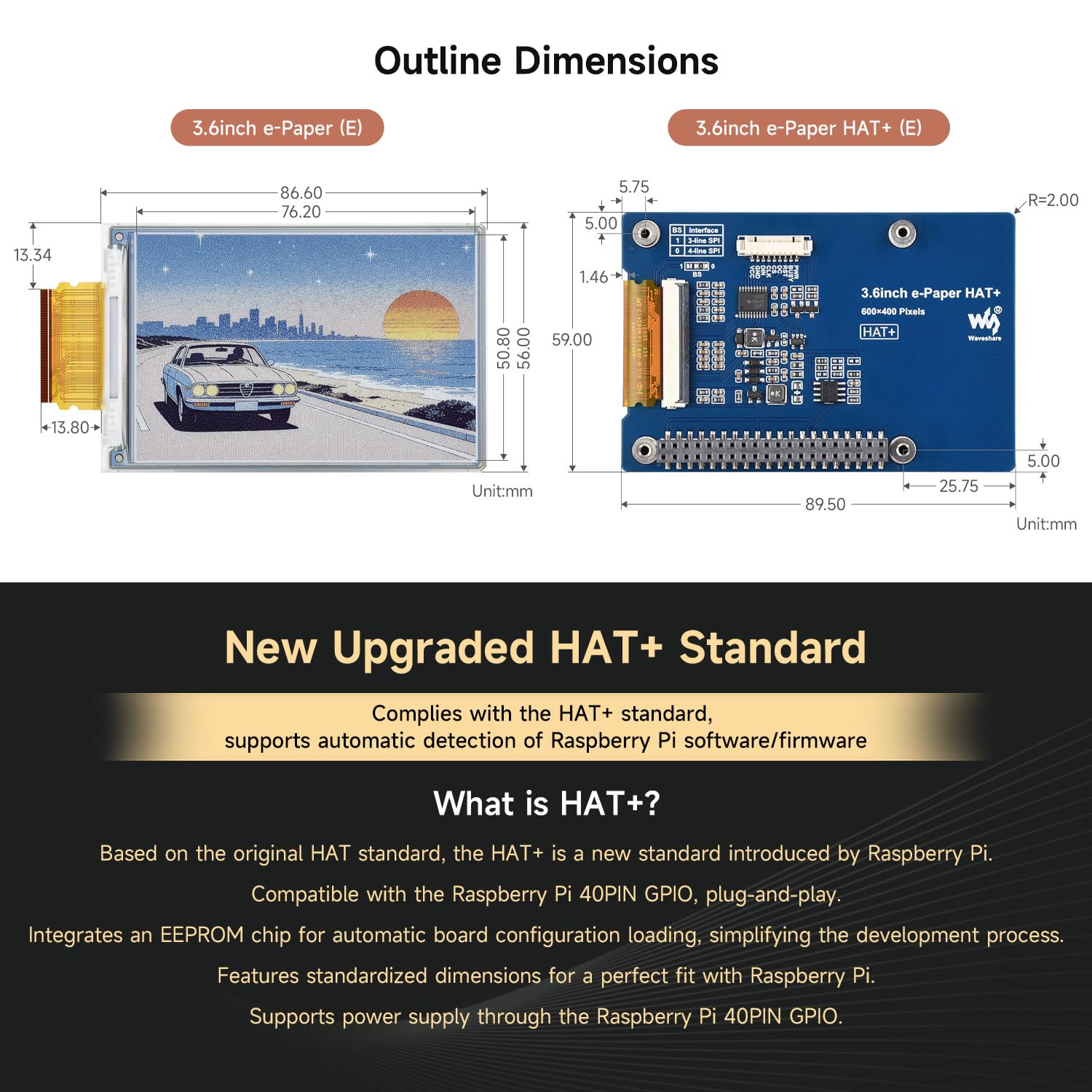 Waveshare 3.6inch E Ink Spectra 6 (E6) Full Color E-Paper Display, 600×400 Pixels, SPI Communication, with HAT+ Standard Driver Board, E-Ink Display