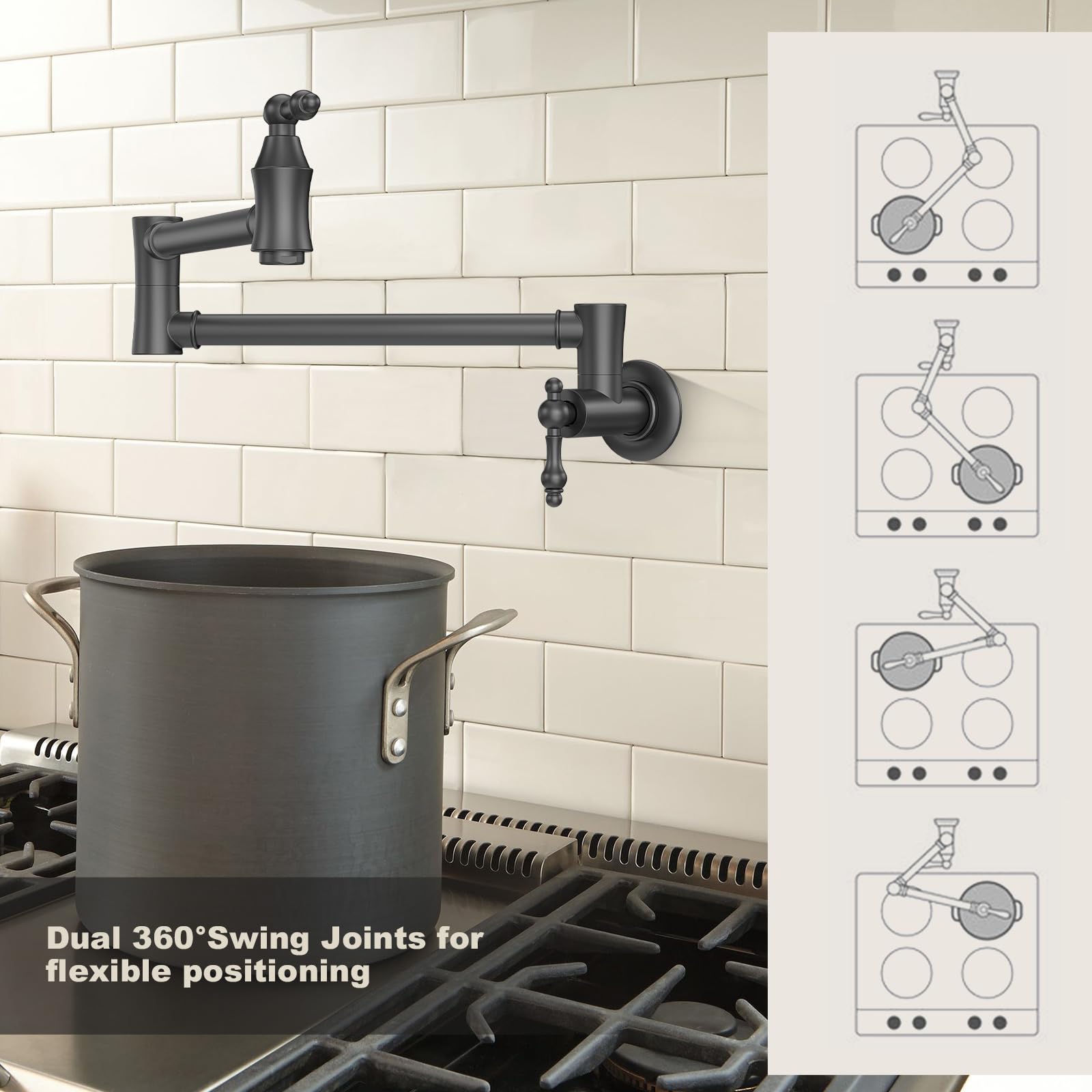 Rubinetto di riempimento per pentole in ottone nero: riempitrice per pentole commerciali a parete con bracci oscillanti a doppio giunto - Rubinetto tradizionale per pentole da cucina a 2 maniglie