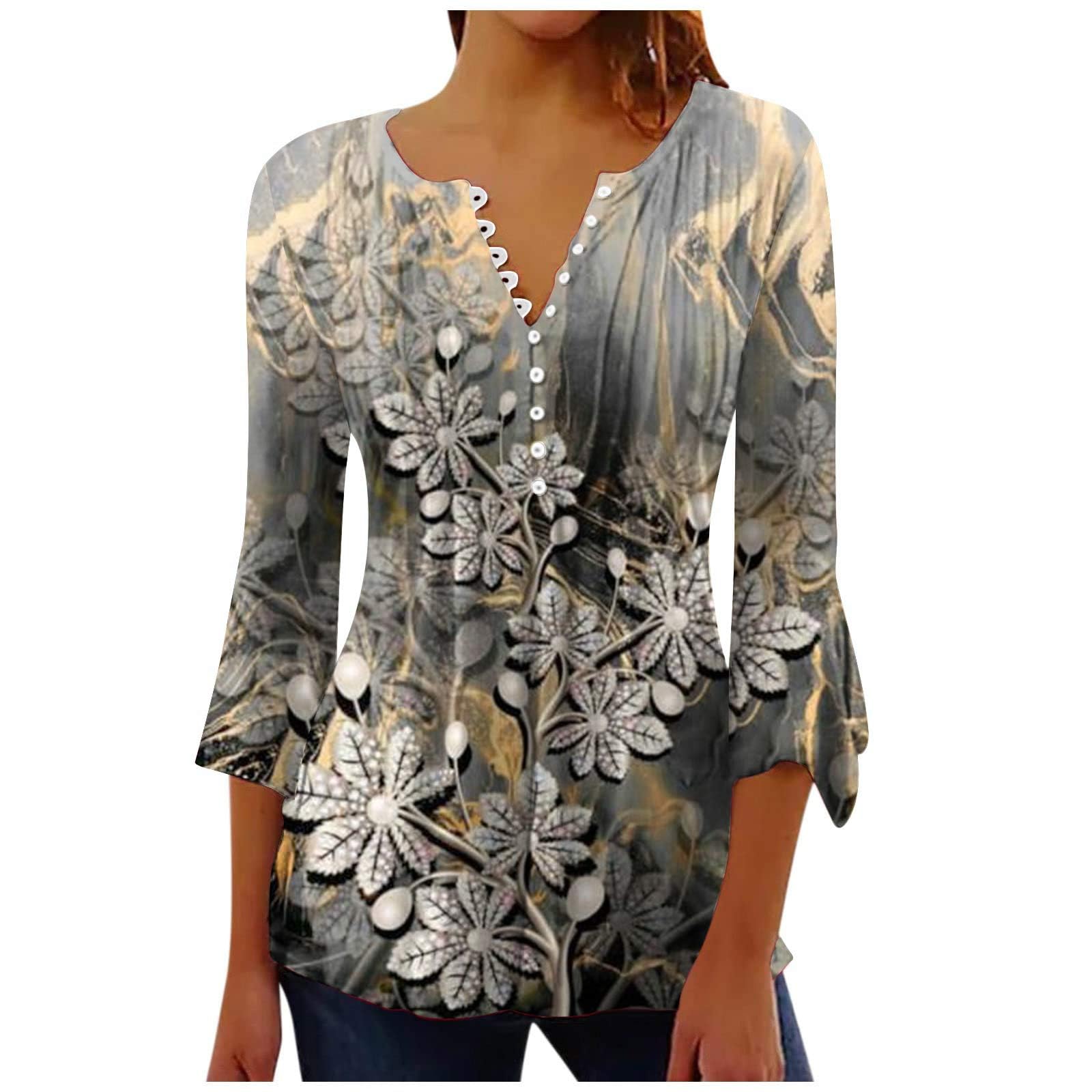 Women's Casual V Neck T Shirts Summer Hide Belly Loose Fit 3/4 Bell Sleeve/Puff Long Sleeve Tops Ruffle Tunic Blouses