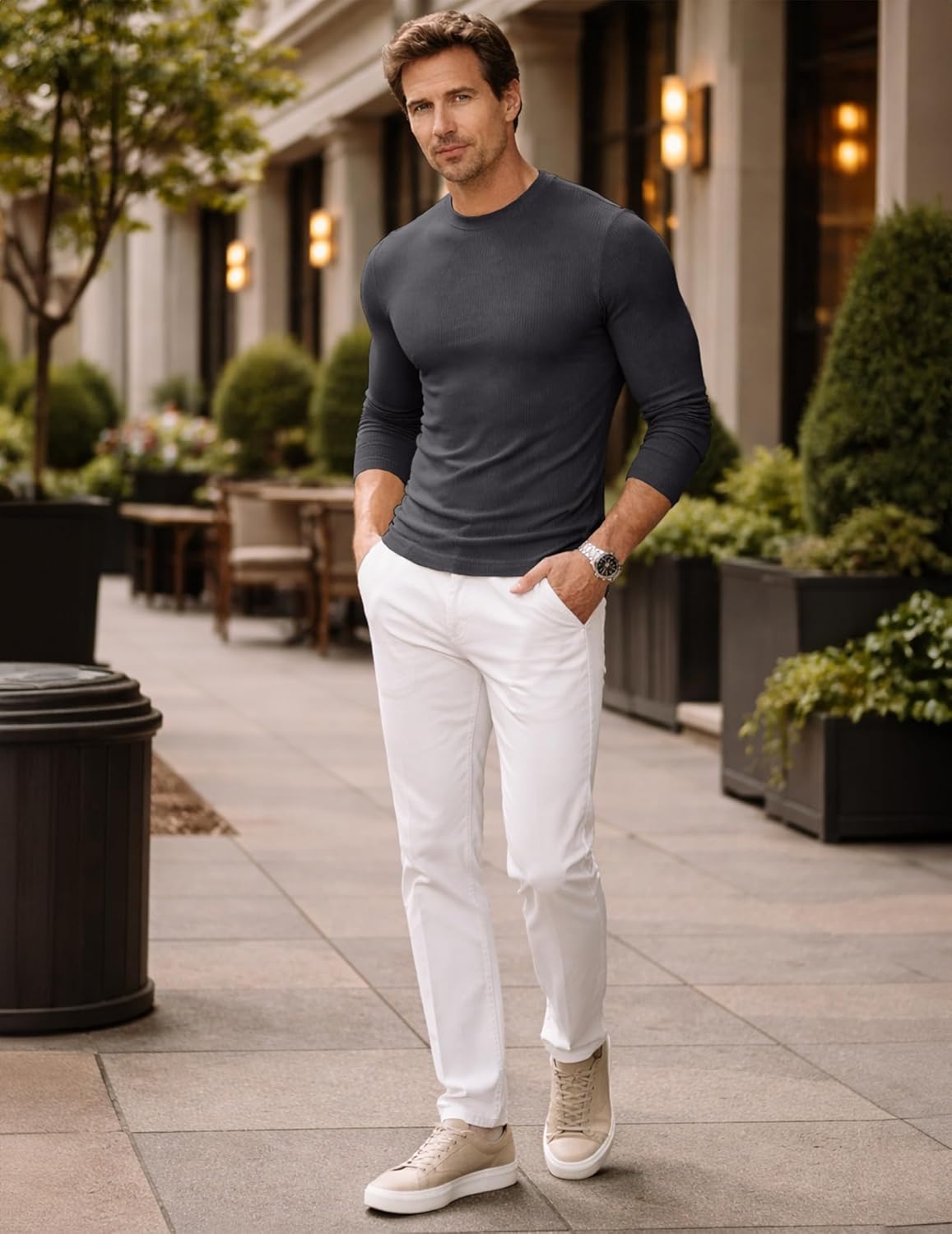 JMIERR Mens Muscle Shirt Slim Fitted Long Sleeve Anti-Wrinkle Casual Workout Gym T Shirts Crewneck - Image 3