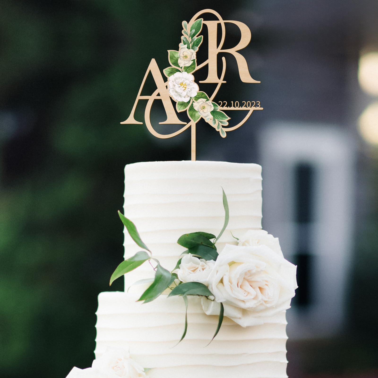 Party to Be Personalized Wedding Cake Topper in Wood Custom Initials & Date Wedding Cake Decoration Printed with Flowers & Green Leaves