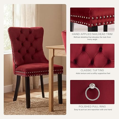 Miniatura 6 de Juego de 4 sillas de comedor de terciopelo burdeos, Silla tapizada de tela para cocina y comedor, sillas de comedor modernas de mediados de siglo,