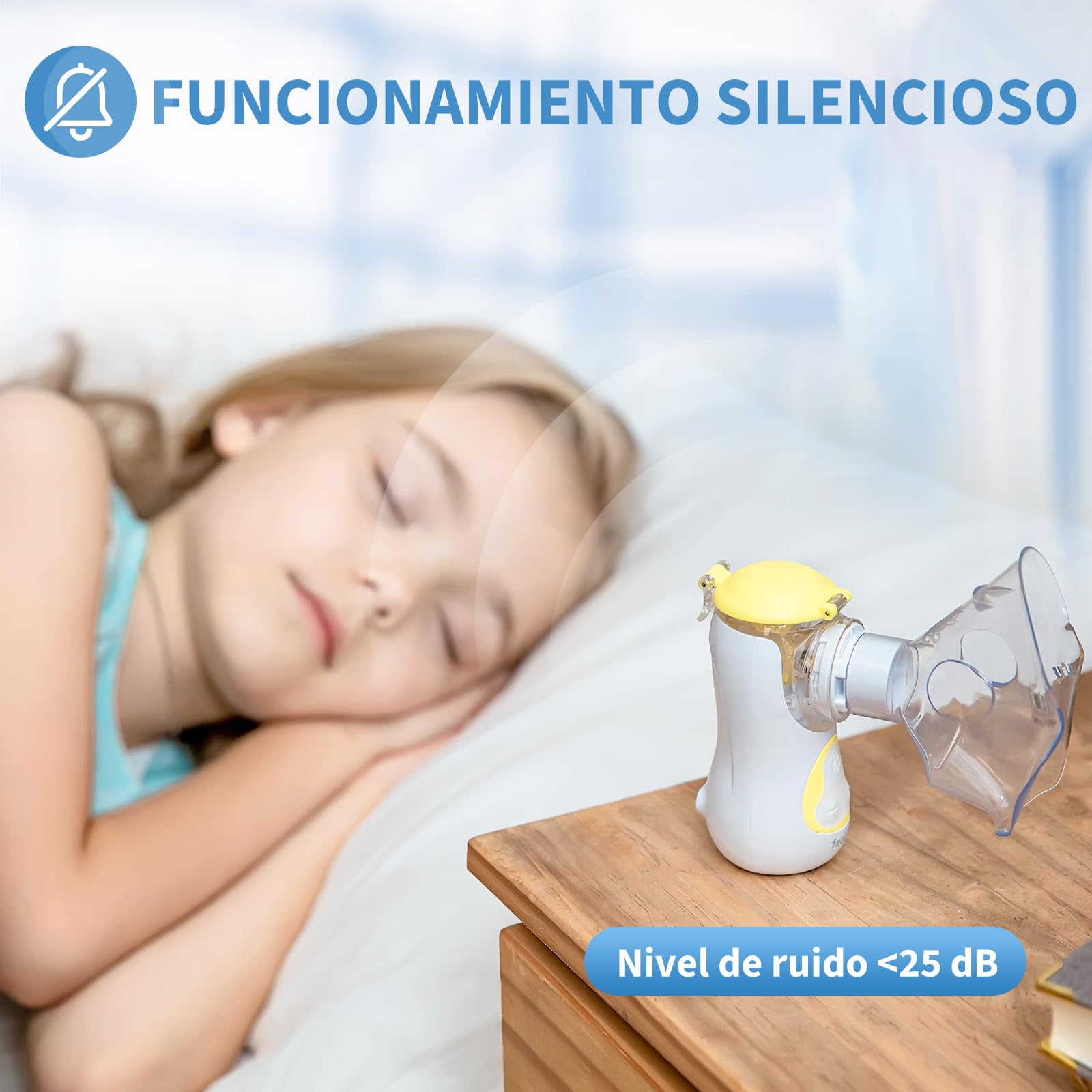 FEELLIFE Nebulizador Portatil para Bebe y Adultos, Nebulizador Silencioso Tasa de Atomización Ajustable, Inhalador Recargable para El Tratamiento de Tos, Asma, Enfermedades Respiratorias-Amarillo