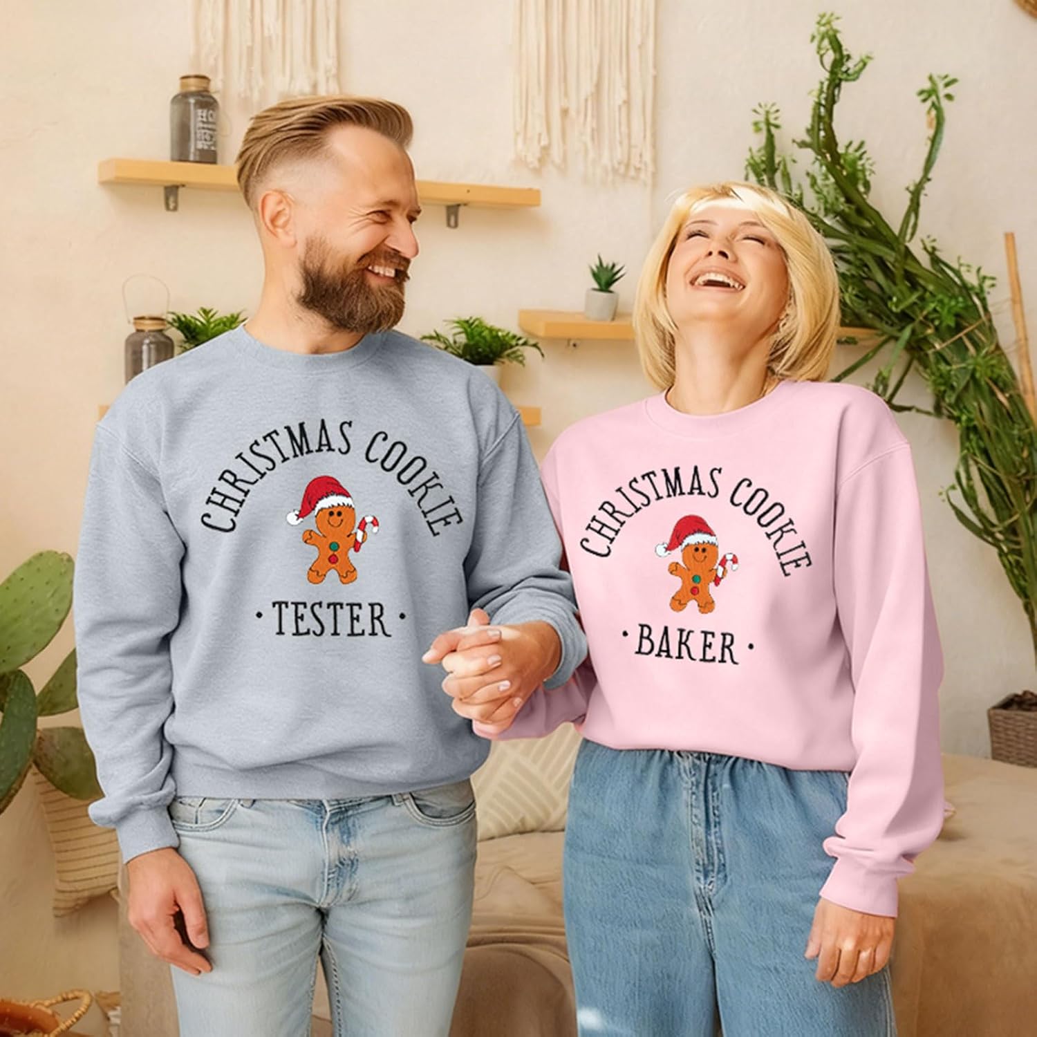 LOTUCY Christmas Couples Matching Sweatshirt Embroidered Gingerbread Baker and Tester Pullover Tops Xmas Couple Outfits - Image 4