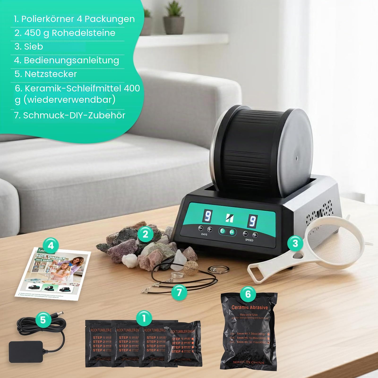Huanyu Rock Tumbler Steintrommel, 1,8 kg maximale Belastung mit 9-Gang-Motor, 9-Tage-Timer Steinschleifmaschine mit komplettem Zubehörset für Edelsteine Erwachsene Steinesammler