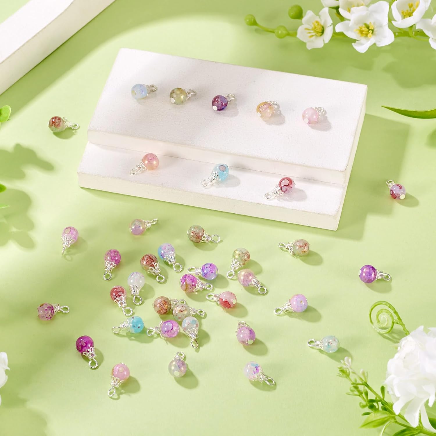 KISSITTY 80Pcs Baking Painted Crackle Glass Pendants Transparent Crystal Dangle Glass Charms Bulk with Silver Iron Bead Caps Drops Beads Pendant Charms for DIY Bracelet Earring Jewelry Making Supplies - Image 7