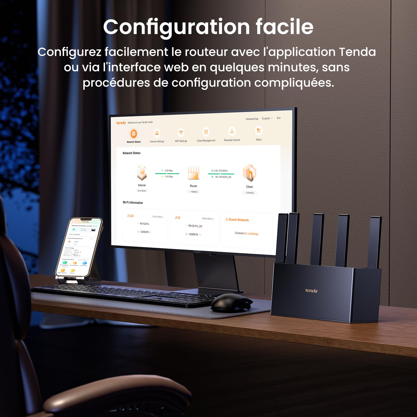 Tenda RE3L Routeur Wi-FI 7 BE3600 Double Bande, Wi-FI Maillé, Ports Gigabit WAN/LAN, 5 Antennes Verticales, 4K-QAM, MLO, NFC, VPN, WPA3, Contrôle par Application