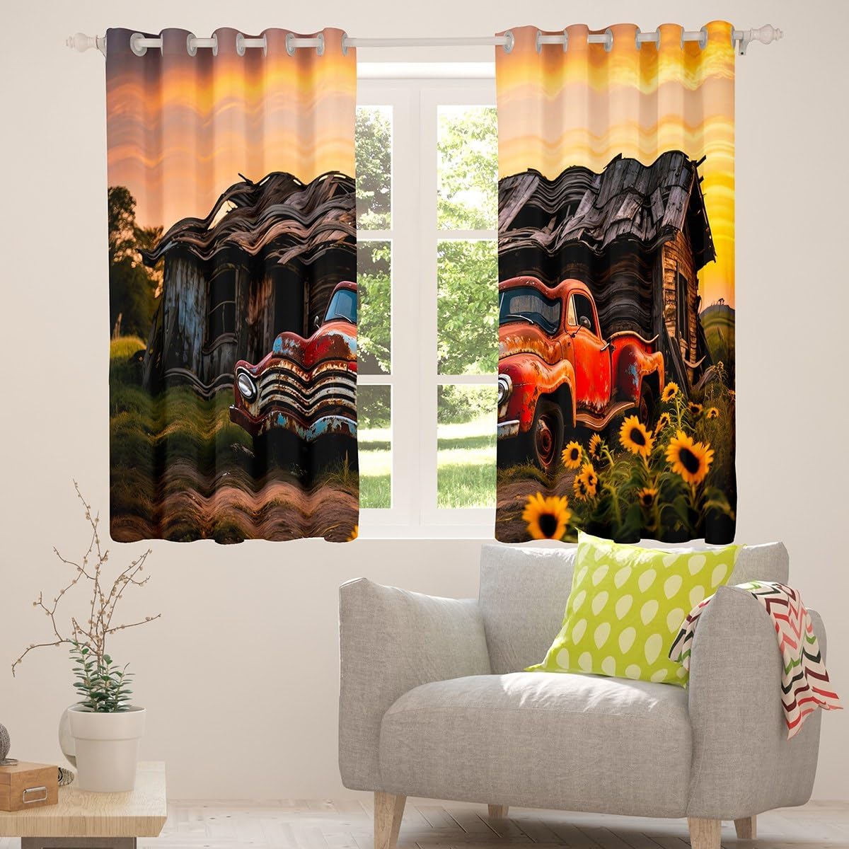 Rustic Farmhouse Curtains Blackout 30%-50%,Vintage Red Truck Cabin Wooden Plank Window Drapes,Autumn Sunset Sky Farm Sunflower Natural Window Treatment Grommet Top 2 Panels Decor,52Wx96L