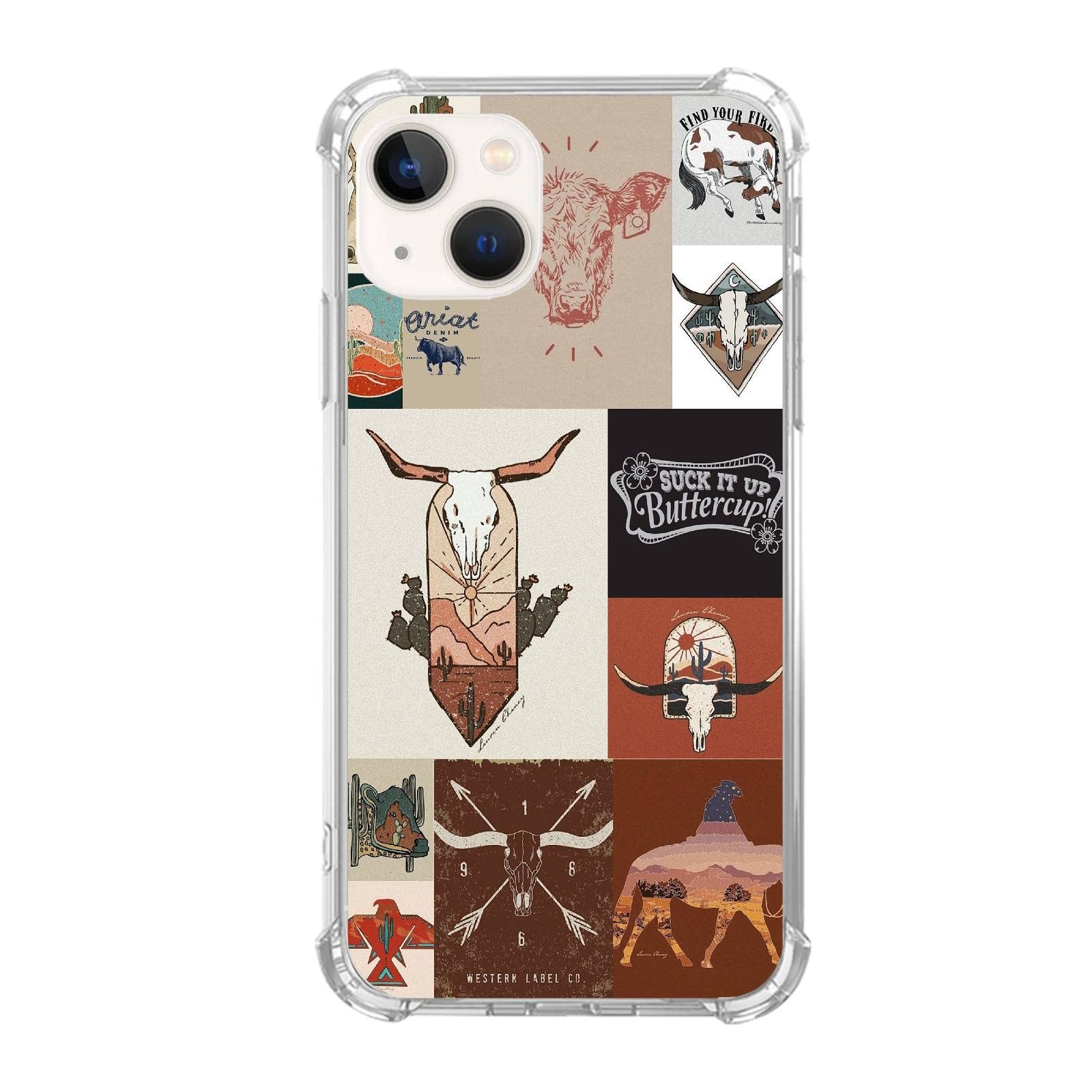 Wizeyake Western Country Collage Phone Case Compatible with iPhone 13, Boho Western Cow Horse Collage Trendy Cool Girl Boy Case for iPhone 13,Silicone