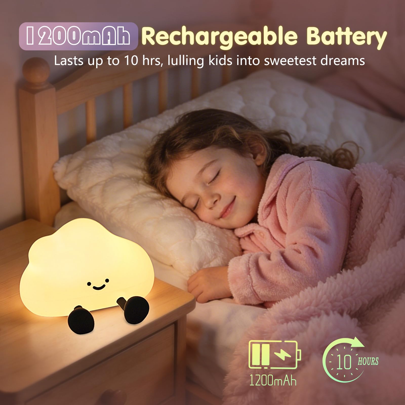 YISUN Luz nocturna de nube, bonita lámpara LED, lámpara blanda de silicona, recargable, luz nocturna para guardería con 3 niveles regulables, lámpara táctil para dormitorio, decoración de habitación