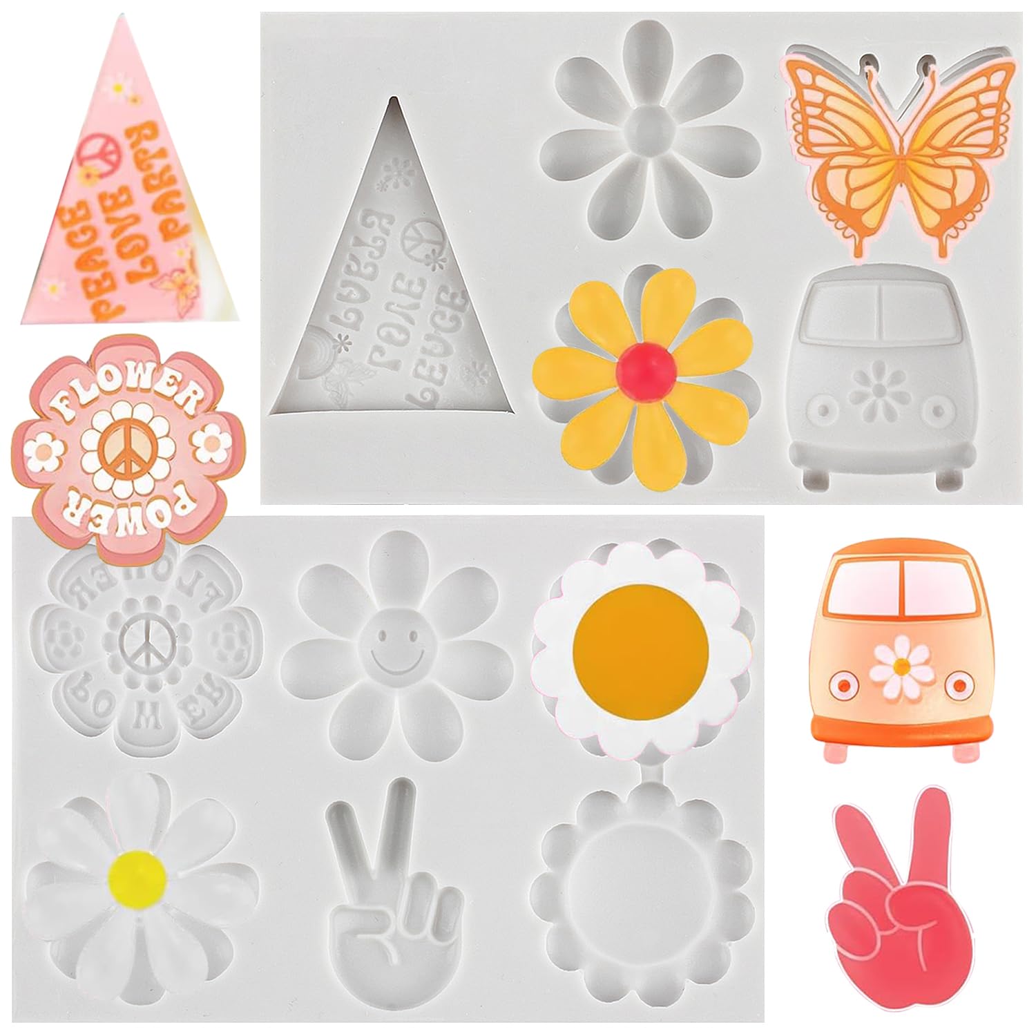 Sijiangmold Groovy Silicone Molds Fondant Molds Daisy Rainbows Flower Silicone Molds For Groovy Retro Hippie Boho Party Cake Decorating Cupcake Topper