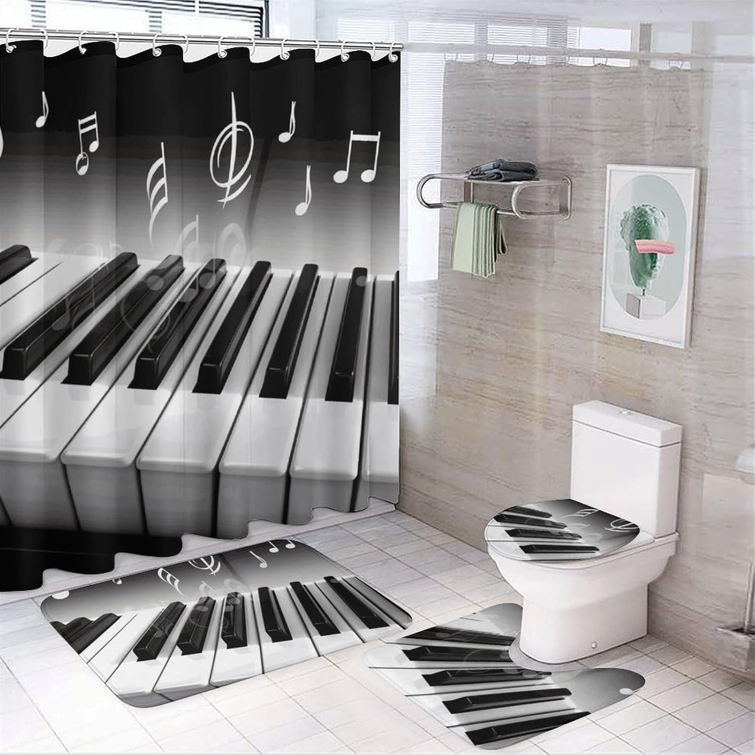 Piano Music Symbol Shower Curtain Set 4 Piece, Non-Slip Bath Mat with Toilet Lid Cover and Waterproof Shower Curtain with 12 Hooks, Complete Bathroom Set for Home Decor