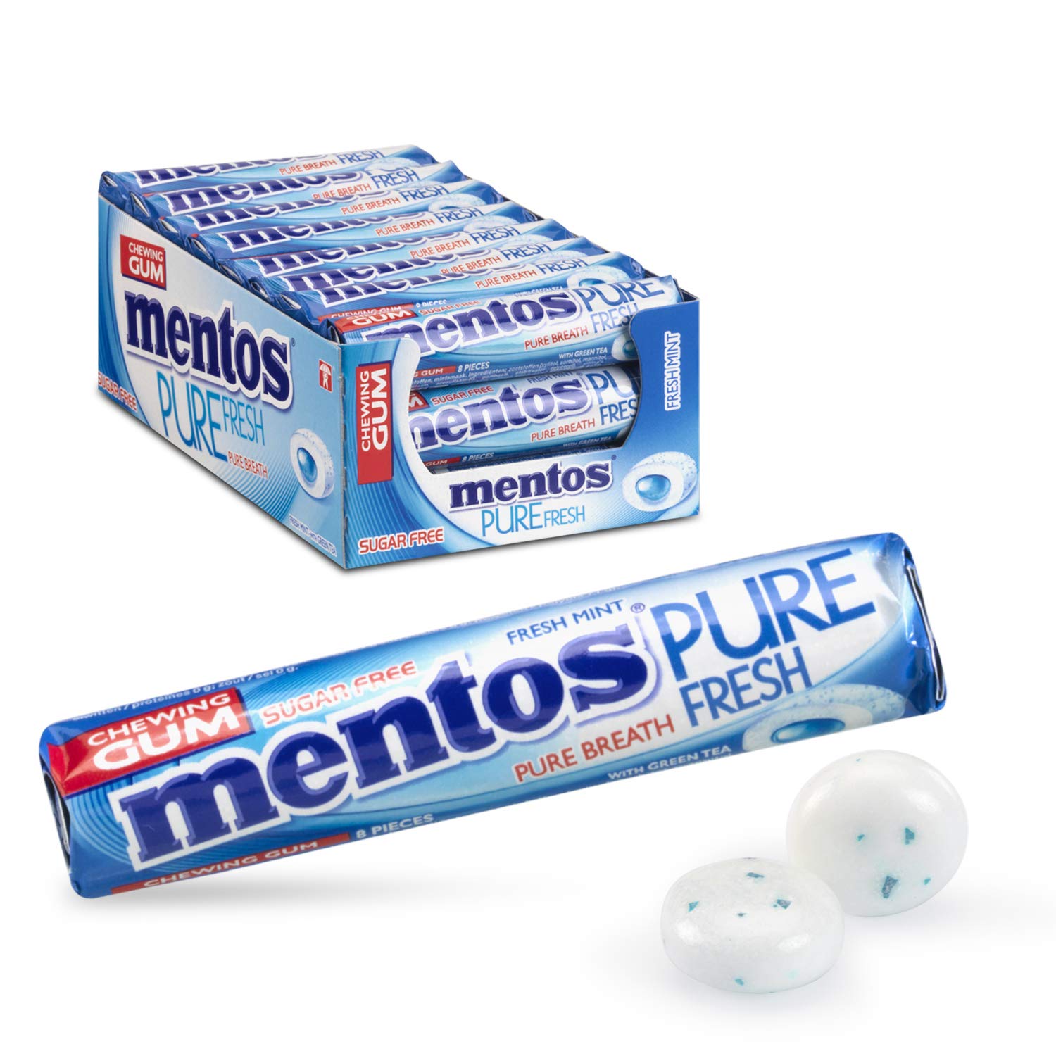 Mentos Gum Pure Fresh Freshmint 8 Piece roll (Pack of 24 Rolls)