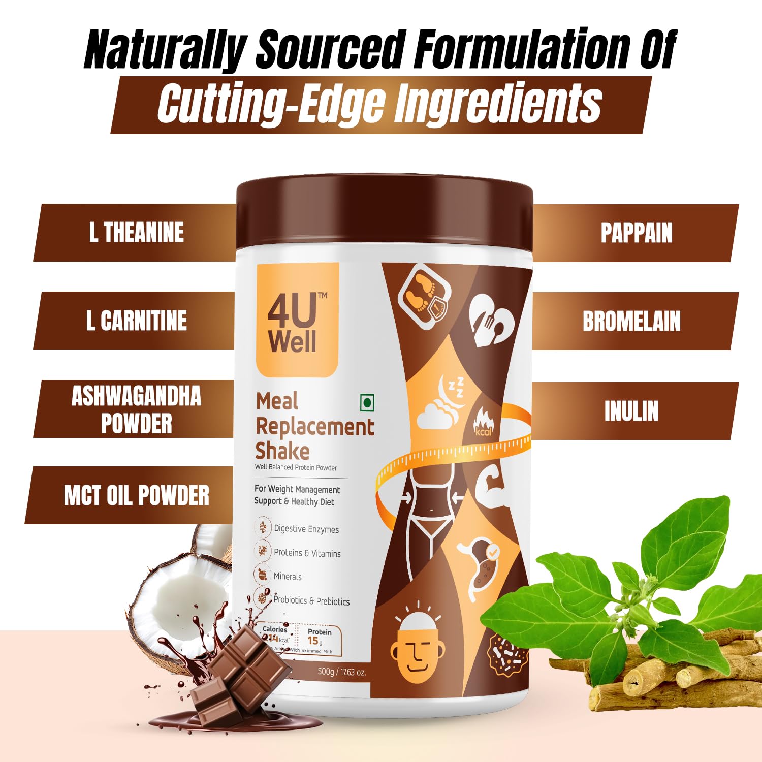 4UWell Meal Replacement Shake | Chocolate Flavour | Balanced Nutrition with 18 Vitamins & Minerals | Supports Energy, Metabolism & Active Lifestyle | Easy to Digest Powder, 500g — Amazon image 4