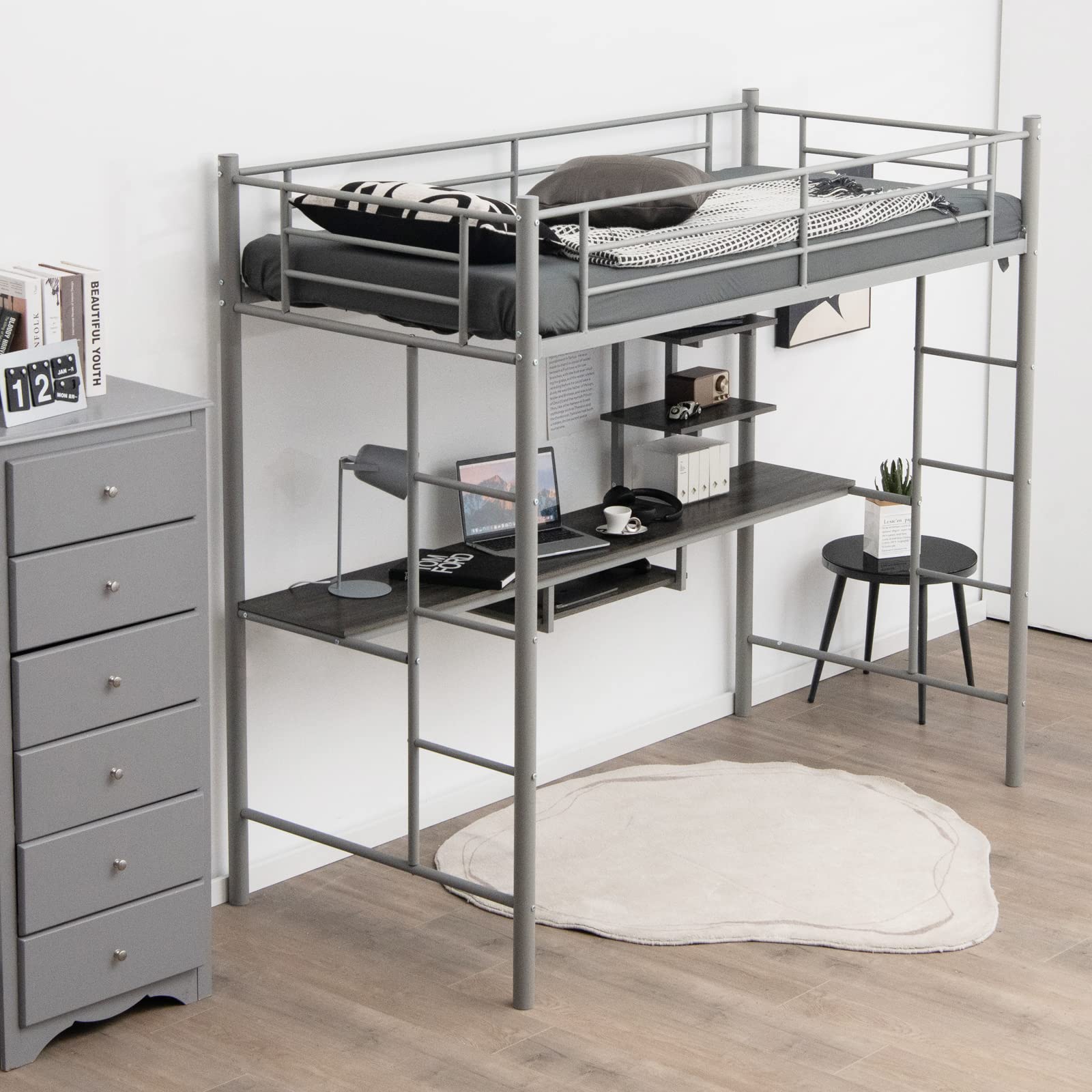 COSTWAY Letto a Soppalco in Metallo, Struttura del Letto Salvaspazio con 2 Scale e Scrivania, Letto a Doghe Ideale per Adolescenti e Adulti, 200x95x180,5 cm (Argento)