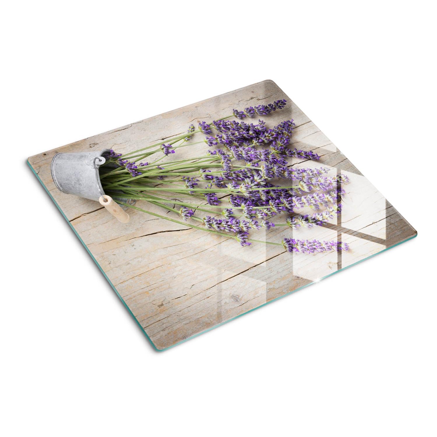 Planche à Découper en Verre Trempé 60x52 cm Décoration Avec Impression Contact Alimentaire Bords Polis Résistant à la Chaleur Pieds Antidérapants Modernité Symétrique - Lavande en pot