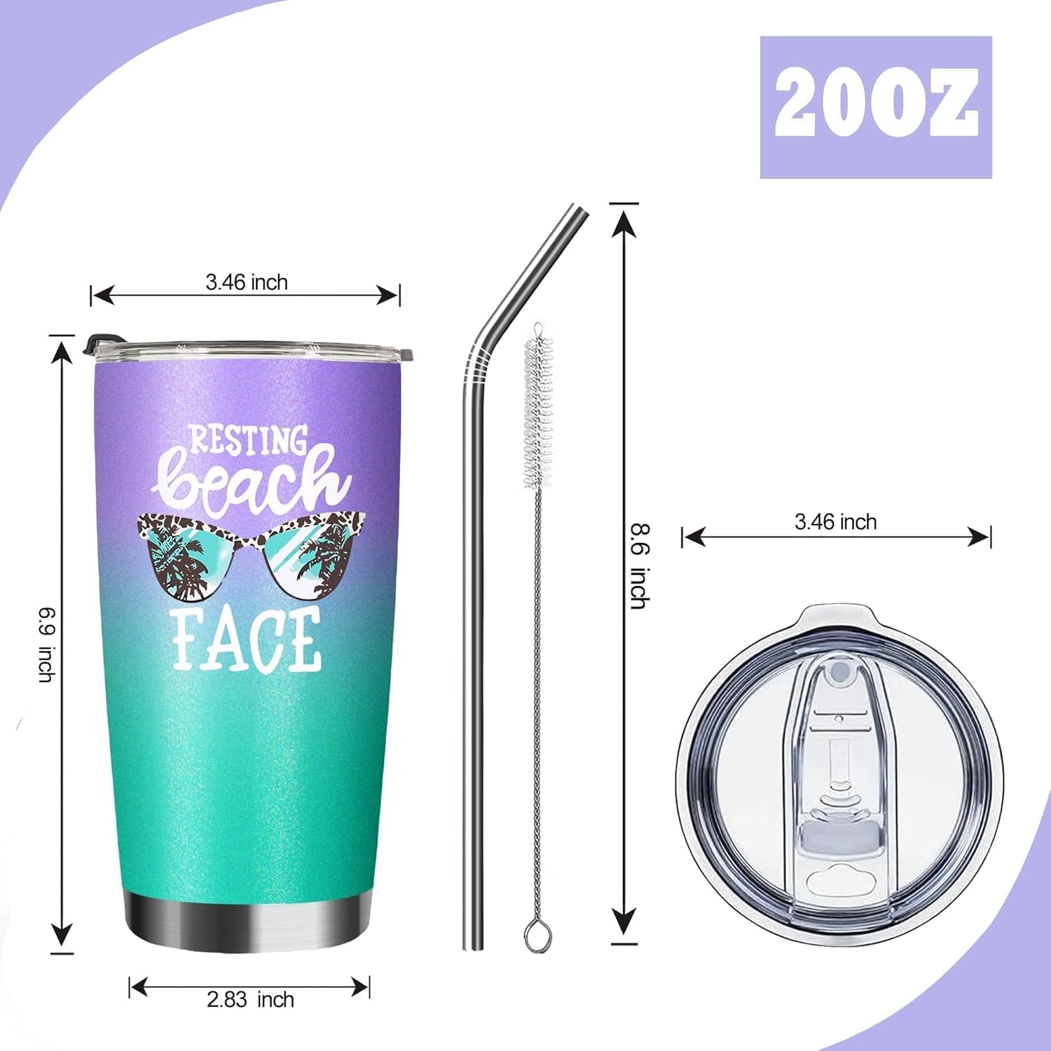 ATHAND 20 Oz Insulated Tumblers with Lid and Straw,Resting Beach Face Double Wall Stainless Steel Vacuum Coffee Wine Tumbler Funny Mug for Women Girls Christmas Gifts (Mint+Purple) - Image 3