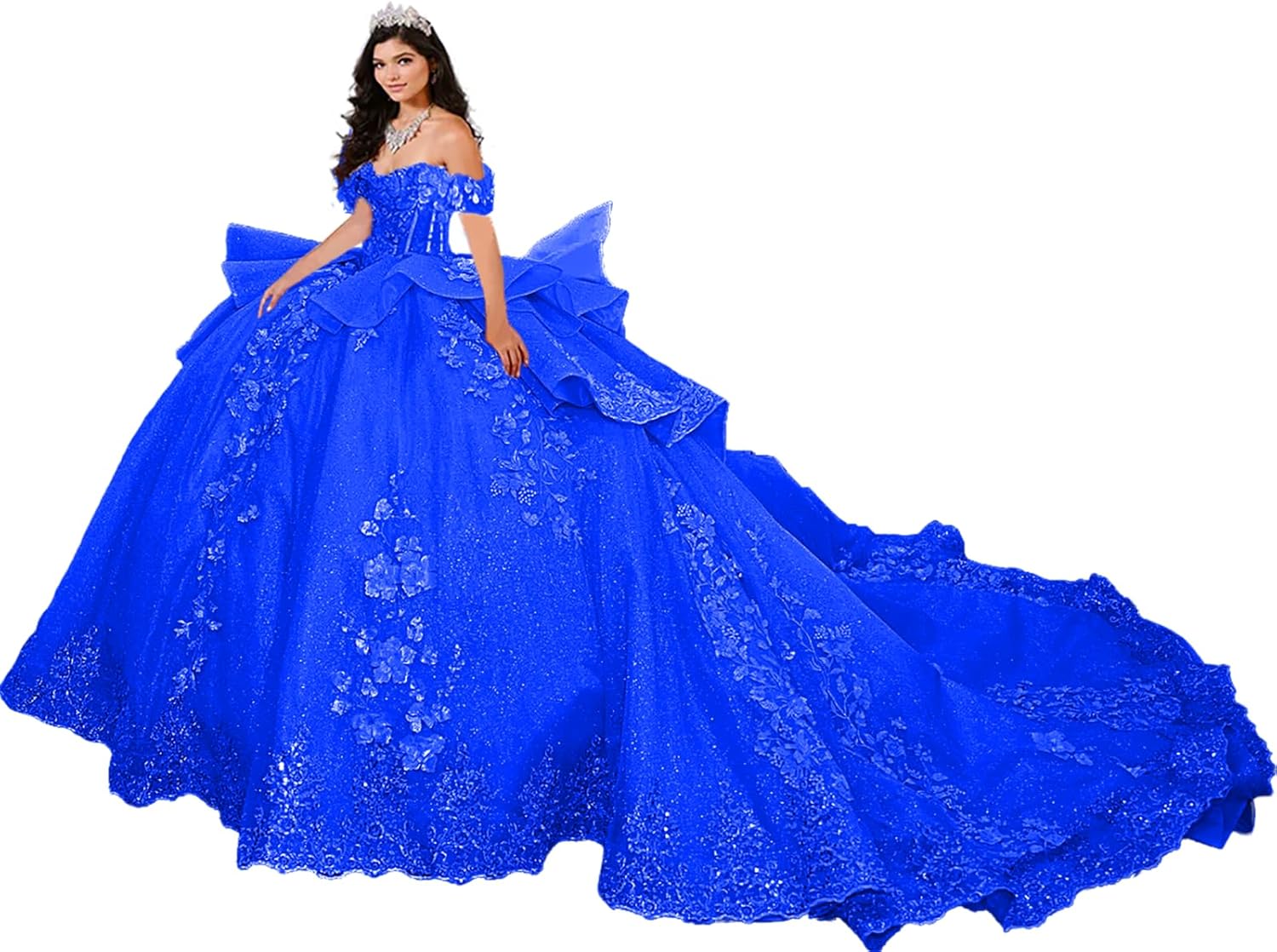 Puffy Appliques Quinceanera Dresses with 3D Flowers Glitter Sweet 15 16 Dresses Ball Gown with Bow HU008