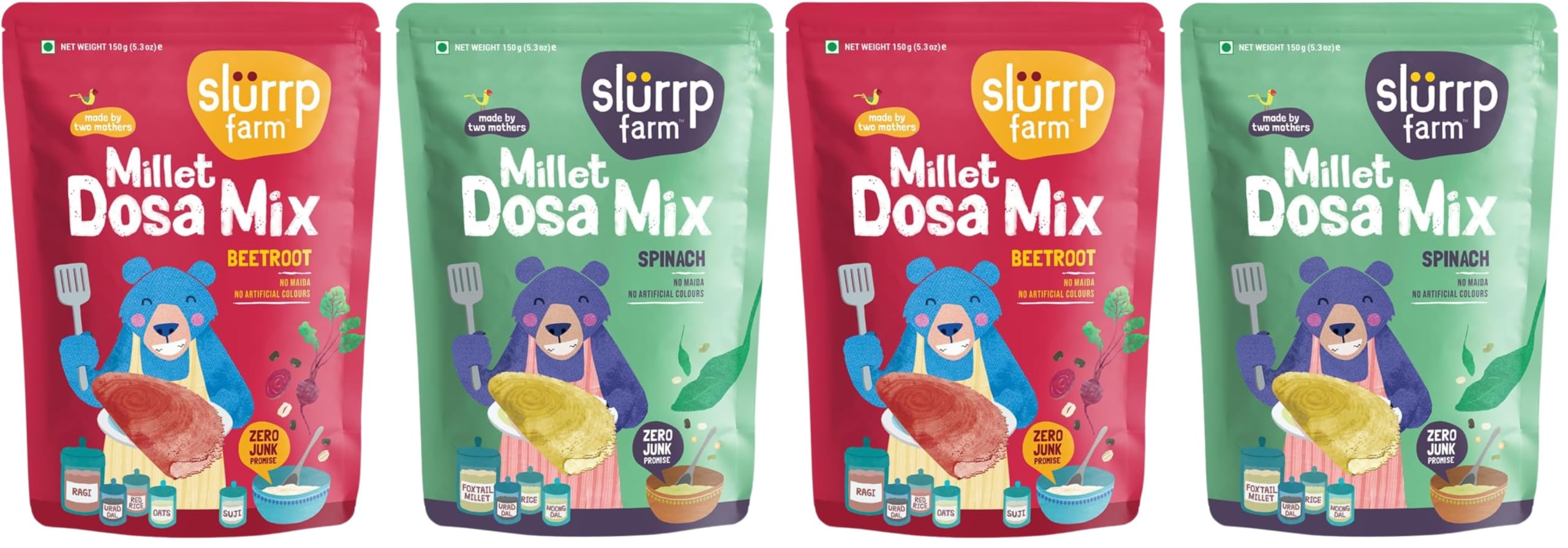 slurrp farm millet dosa instant mix, supergrains spinach and beetroot, natural and healthy food, 150g (pack of 4)