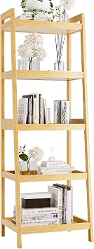 Bookcase 5-Tier Ladder Bookcase with Bamboo Frame Freestanding Tall Narrow Display Plant Rack for Living Room Kitchen Bedroom Balcony Nature