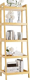 vovala Bookshelf, 5 Tier Ladder Bookcase with Bamboo Frame, Freestanding Tall Narrow Display Plant Shelf for Living Room, Kitchen, Bedroom, Balcony, Natural