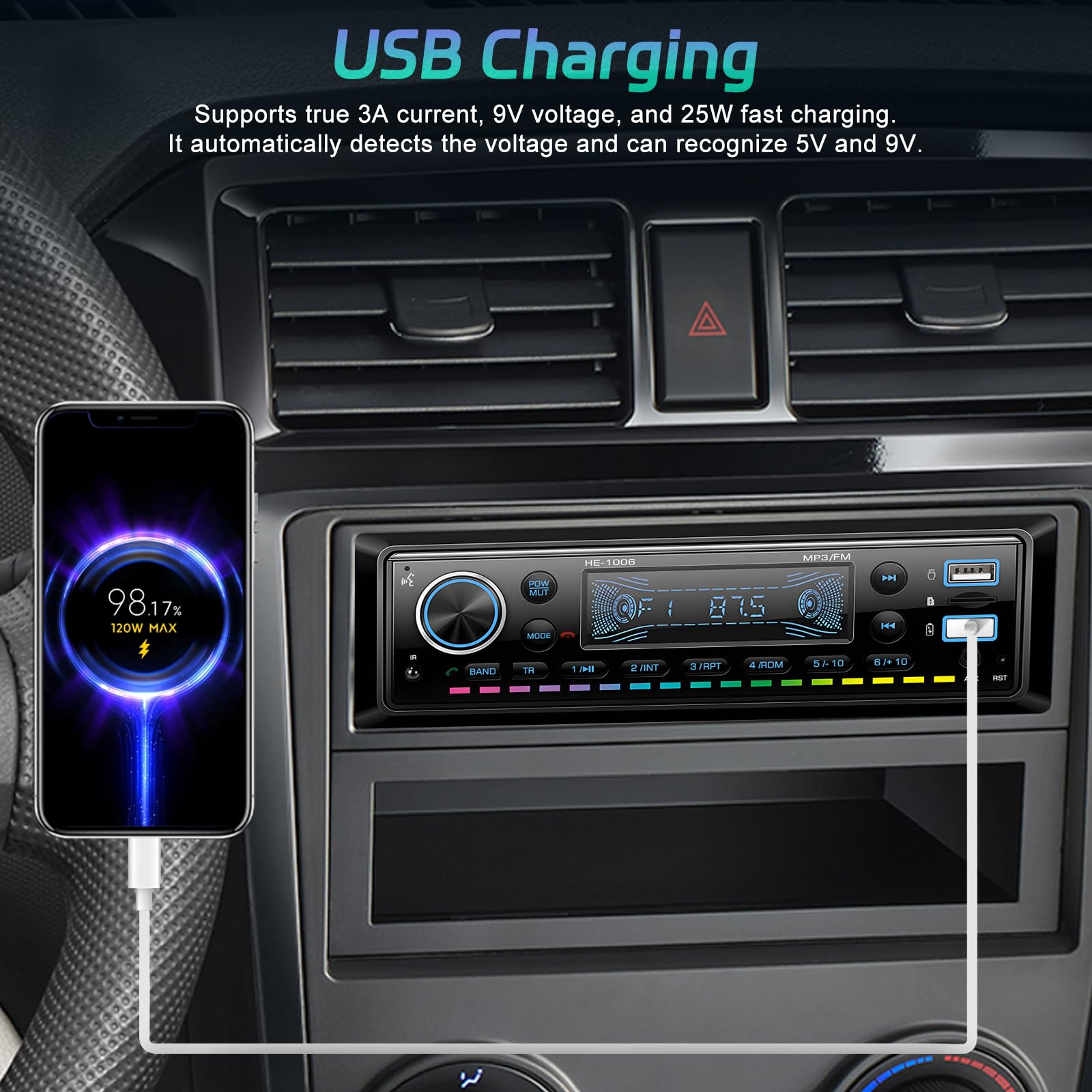NHOPEEW Autoradio Bluetooth 1 Din con display LED RGB - Autoradio FM 1 Din con doppia porta USB SD Card AUX + telecomando