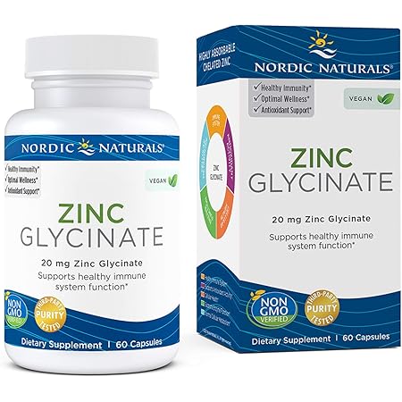 Nordic Naturals Zinc Glycinate - 60 Capsules - 20 mg Highly Absorbable Zinc Glycinate - Optimal Wellness - Non-GMO, Gluten Free, Vegan - 30 Servings