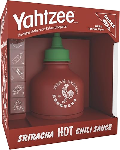 YAHTZEE Sriracha Vaso de dados de botella coleccionable de Sriracha Juego de dados clásico basado en la popular salsa picante Sriracha Ideal para