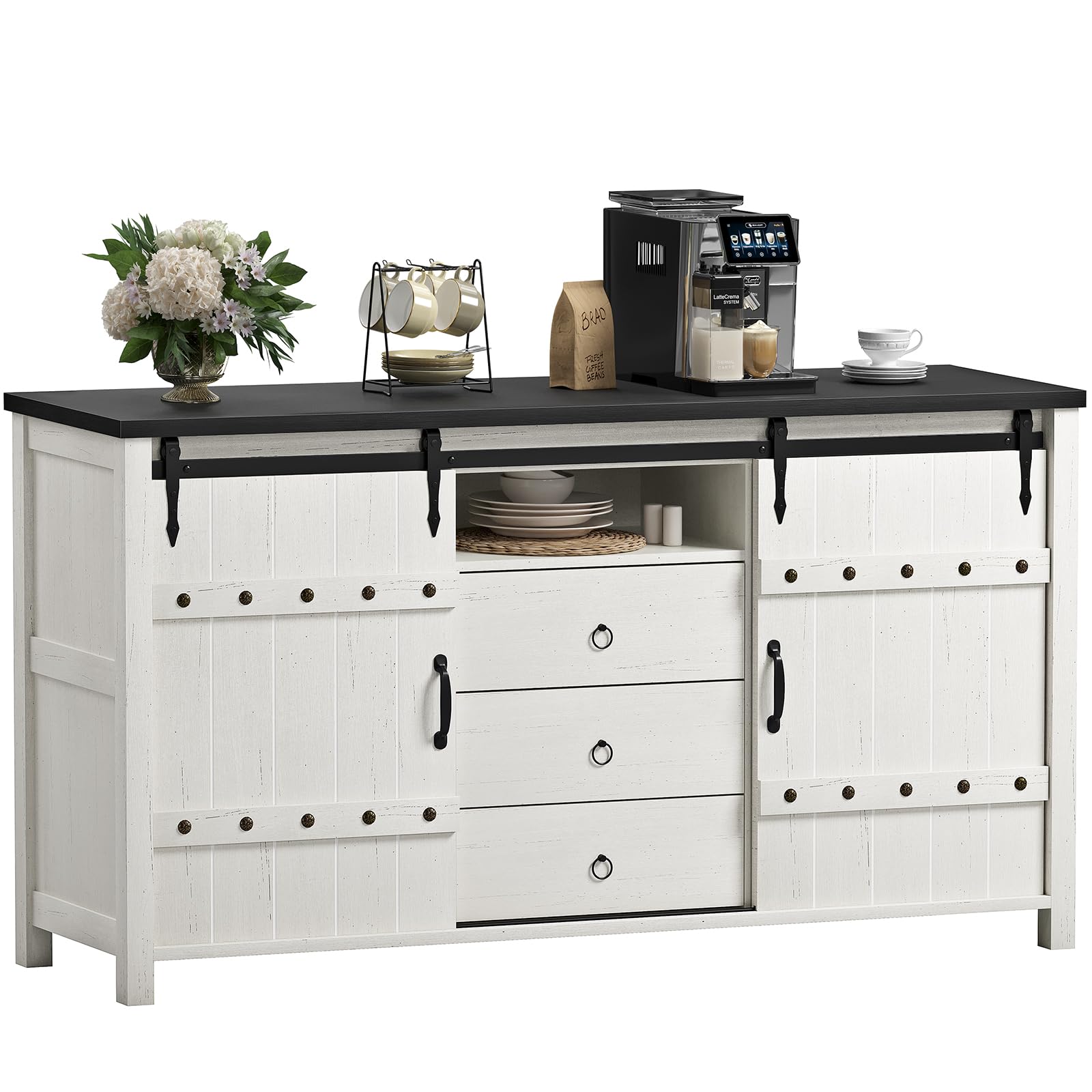 REAHOME Buffet Cabinet with Storage, 60" Sideboard Buffet Cabinet with Sliding Barn Doors & 3 Drawers, Farmhouse Wood Coffee Bar Cabinet Buffet Table for Kitchen, Dining Room,Living Room, White