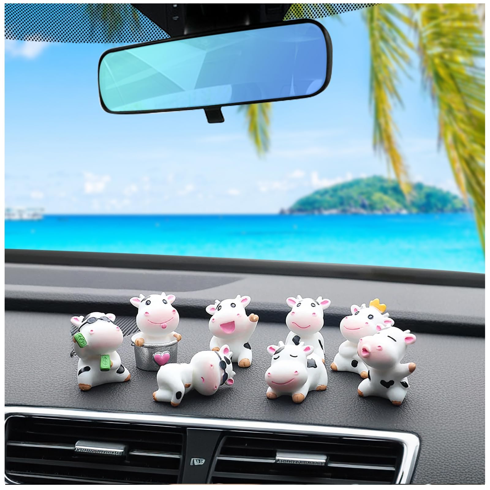 8Pcs Cute Cow Car Dashboard Ornaments - Vehicle Rear View Mirror Dashboard Touchscreen Top Funny Adorable Mini Decor — view 2