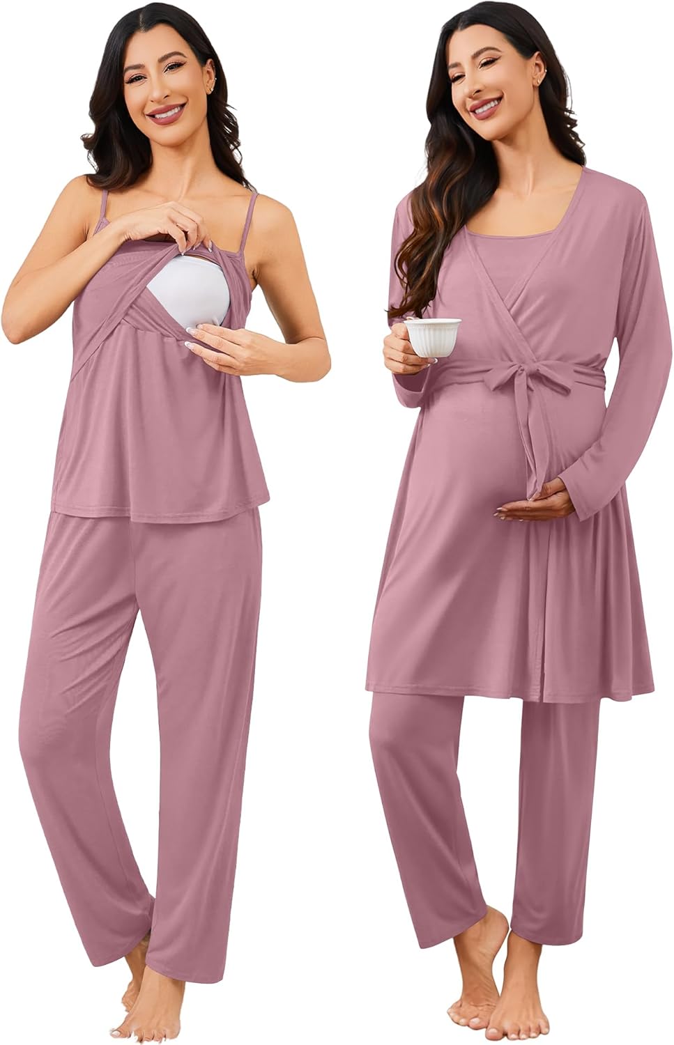 SWOMOG Maternity Nursing Robe Set 3 PCS Postpartum Pajamas Breastfeeding Pregnancy Robe & Camisole & Pants - Image 2