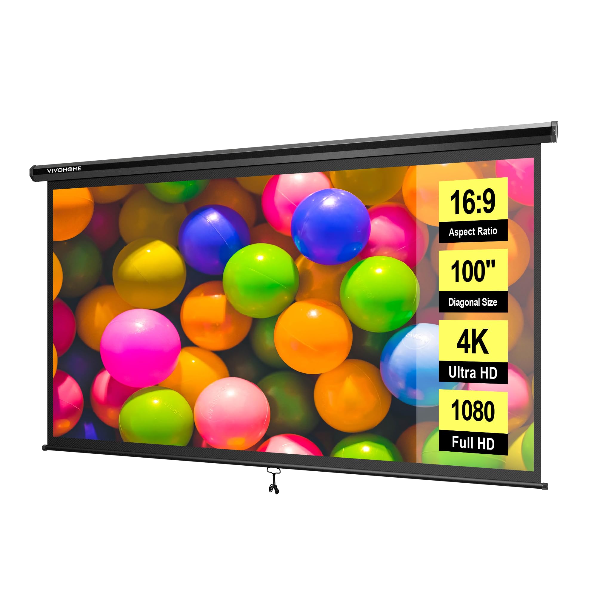 VIVOHOME Projector Screen Pull Down, 16:9 100 Inch Retractable Projection Screen, HD 4K Manual Pull Movie Screen for Home Theater, Cinema, Office (87x49 Inch Black)