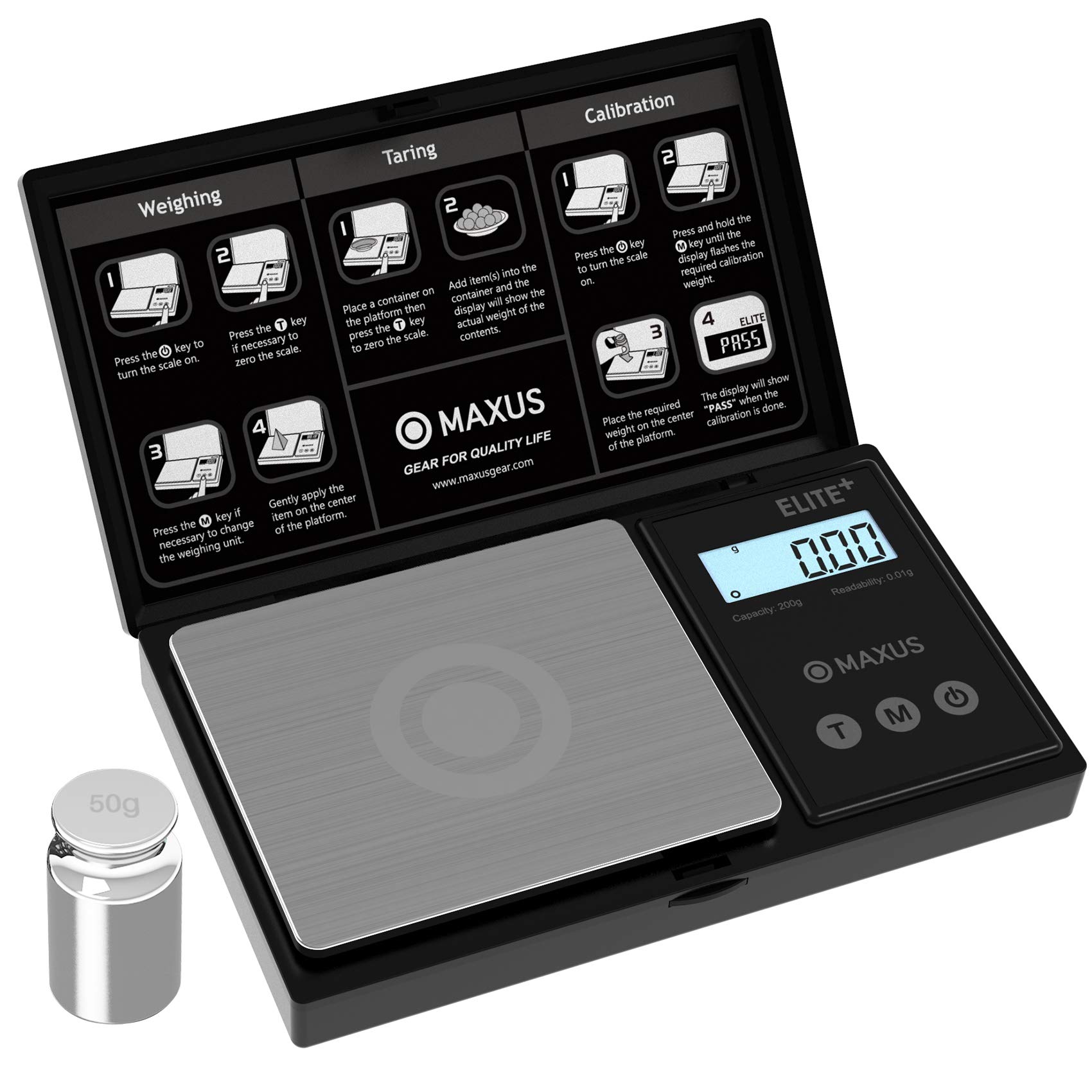 MAXUS Elite Plus Precision Gram Scale 200g x 0.01g + 50g Calibration
