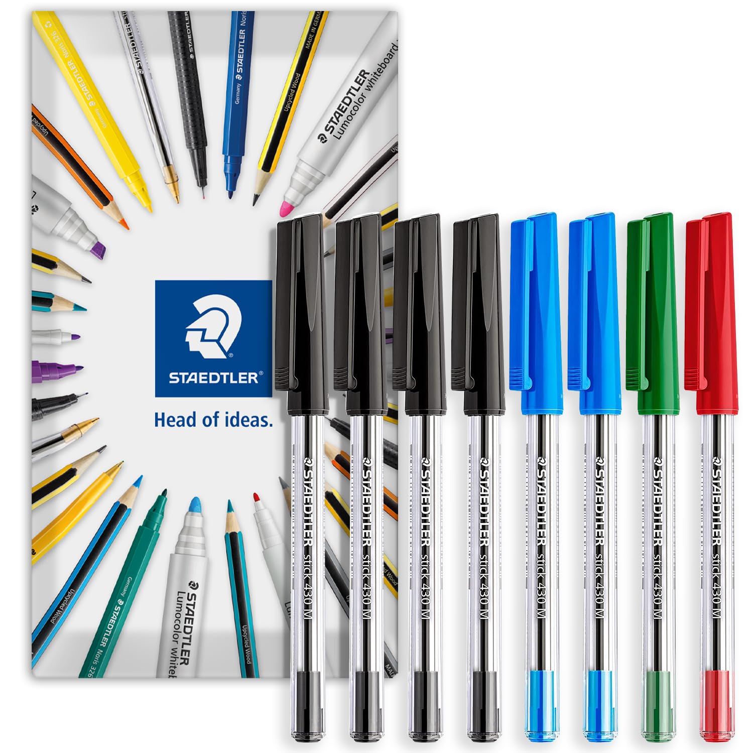 STAEDTLER stick 430M Ballpoint Pen - 0.5mm Medium Point - Pack of 8 in Envelope Packaging (Black, Blue, Red, Green)