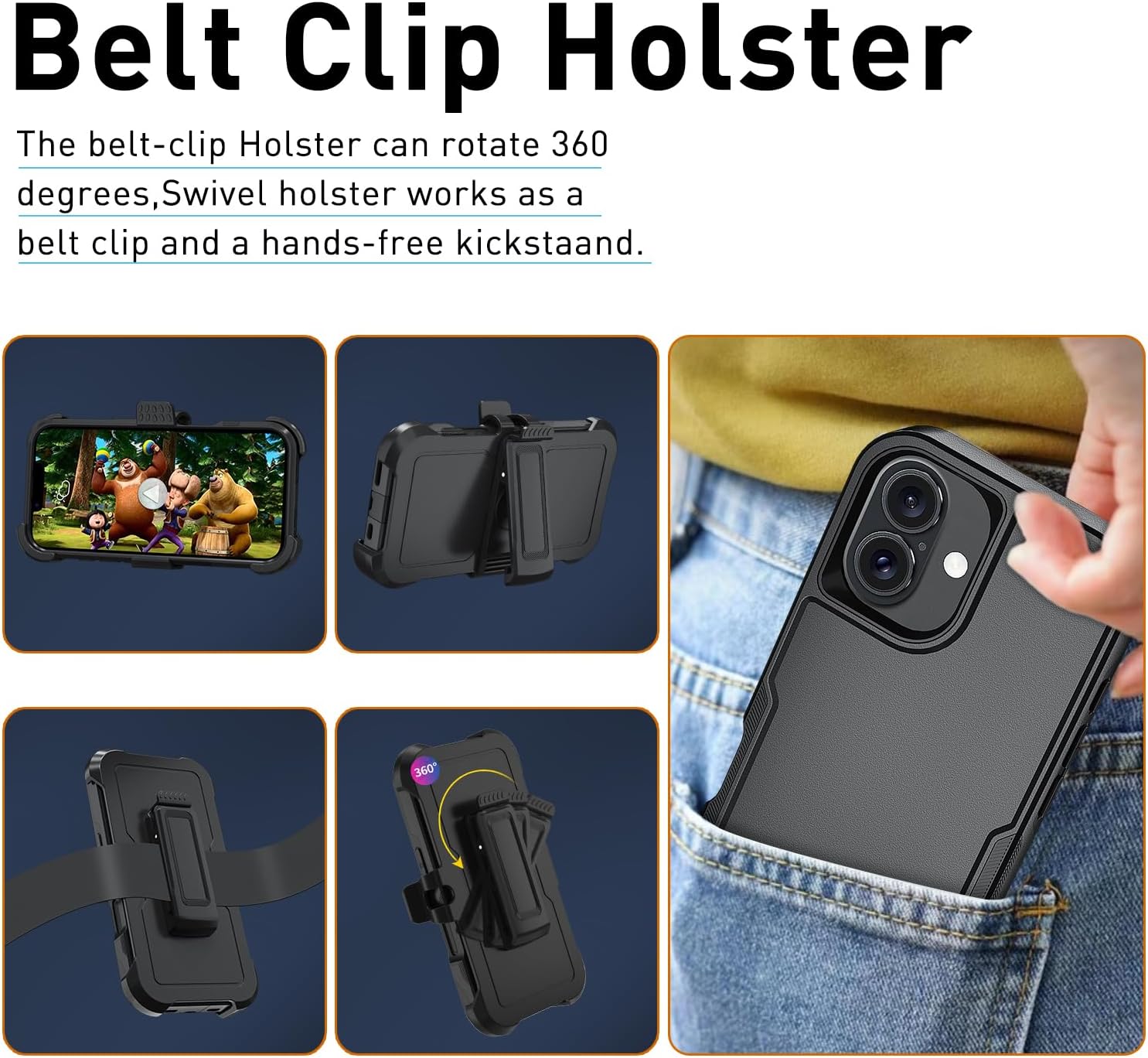 Magnetic for iPhone 16 Case,[Compatible with MagSafe] [Belt Clip Holster], with 2X Tempered Glass Screen Protecto, Phone Cover for iPhone 16 6.1 Inch (Black-Belt Clip-MAG)