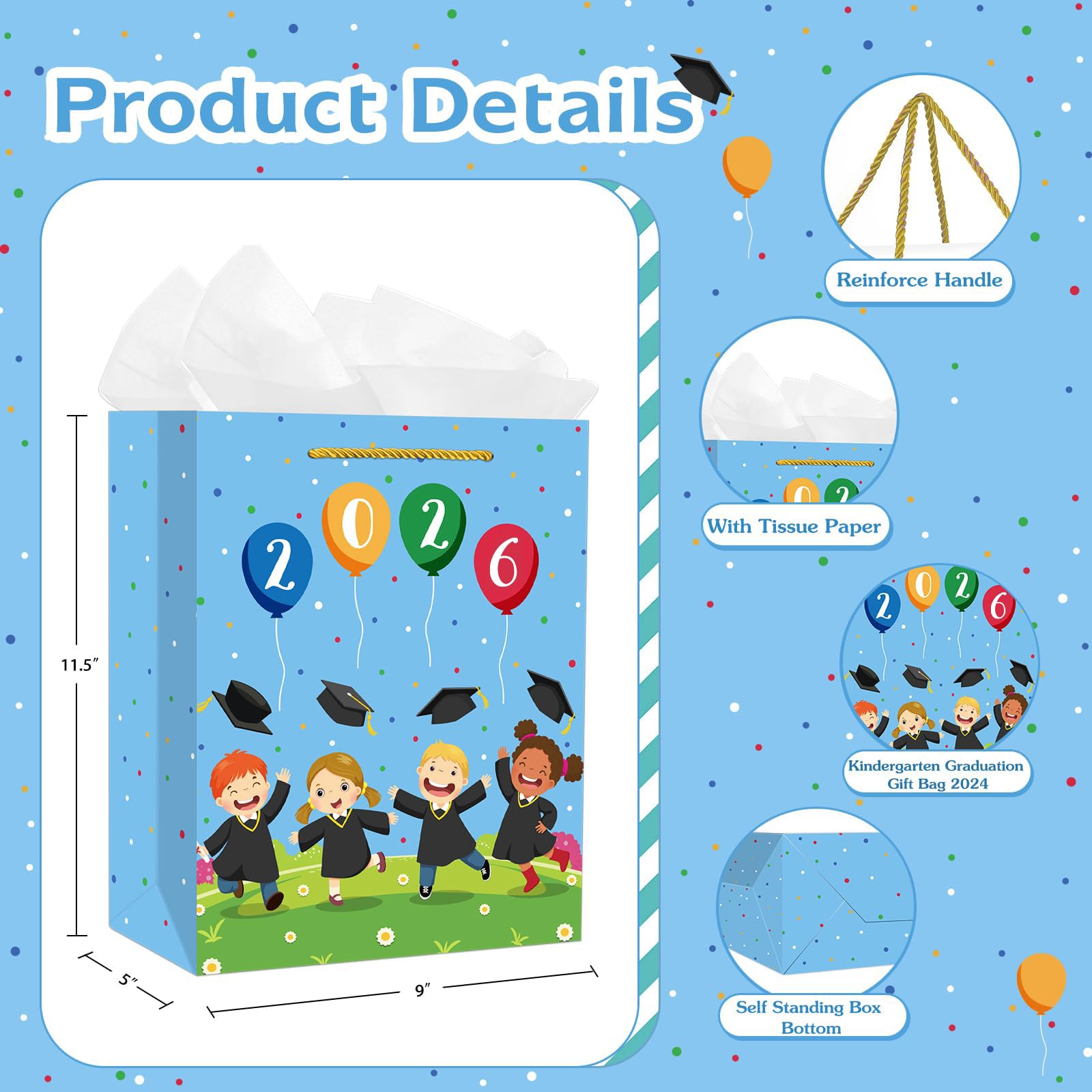 PETCEE Kindergarten Graduation Gift Bags 2026 - Pre K Preschool Graduation Bags with Tissue Paper Class of 2026 Grads Wrapping Paper Gift Bags for Kids Girls Boys Daughter Son Party Favors