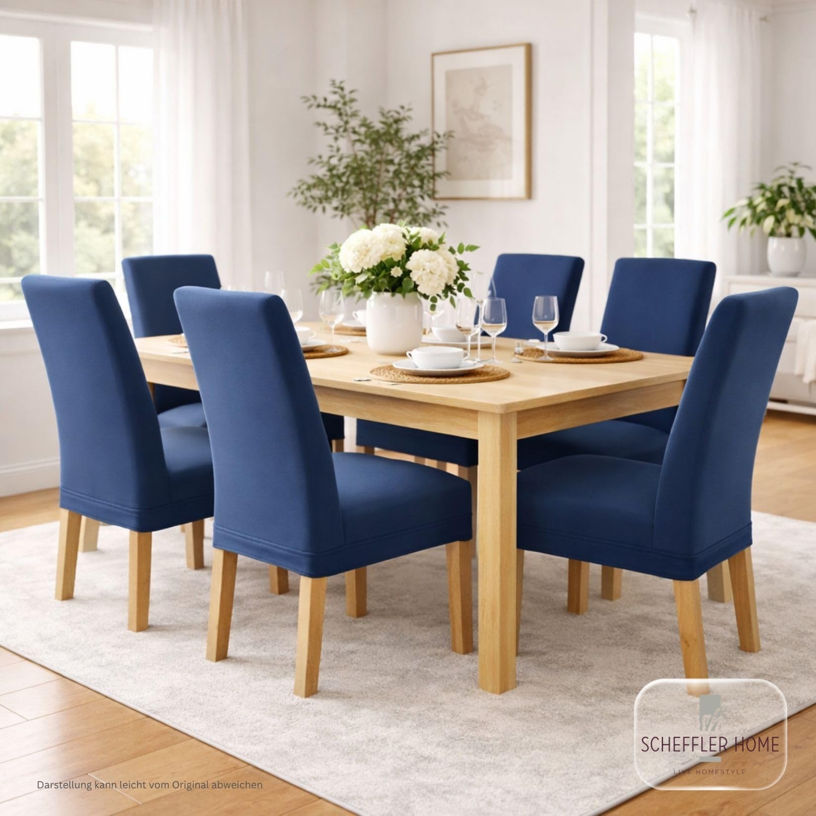 SCHEFFLER-Home Fundas Sillas de Comedor Elásticas Lena – Set de 6 Elegantes Fundas Sillas Ajustables – Fundas para Sillas con Banda Elástica, Azúl