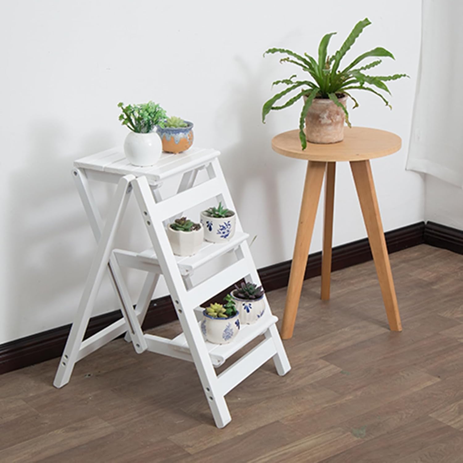 Ladder, A Frame Step Ladder Anti-Slip Multi Position and Storage Folding Ladder, 330 lbs Security Load Solid Wood Ladders Flower Stand for Stairs Home Indoor Outdoor Roof