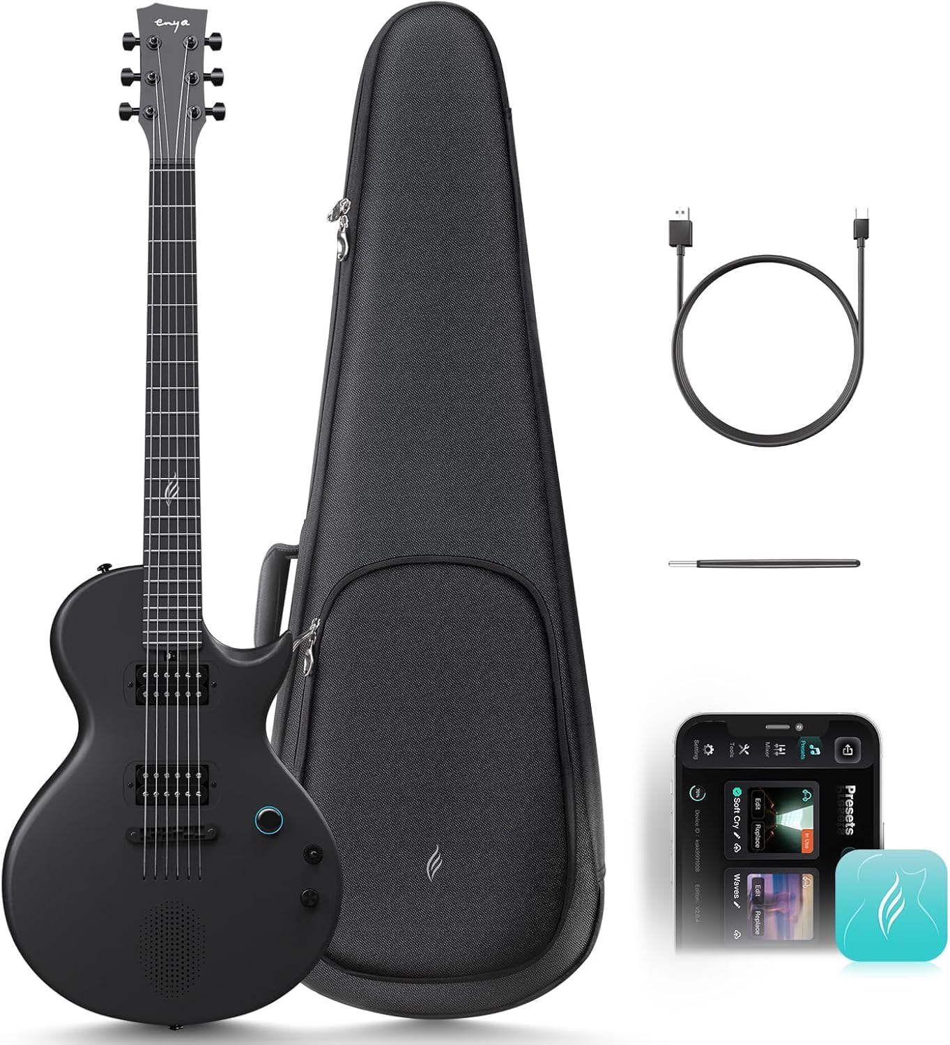 Electric Guitar Nova Go Sonic – 1/4 Black Smart Electric Carbon Fiber Guitarra with 10W Wireless Speaker, Onboard Presets, Charging Cable, Adjusting Wrench, and Gig Bag