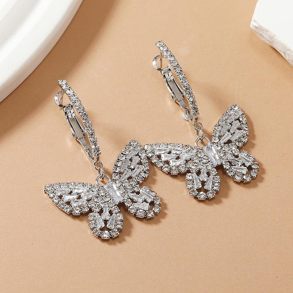 Sparkling Crystal Butterfly Hoop Dangling Earrings for Women,Gold Rhinestone Hollowed Out Drop Earring,Cubic Zirconia Jewelry Gift for Bride Wedding - Image 4