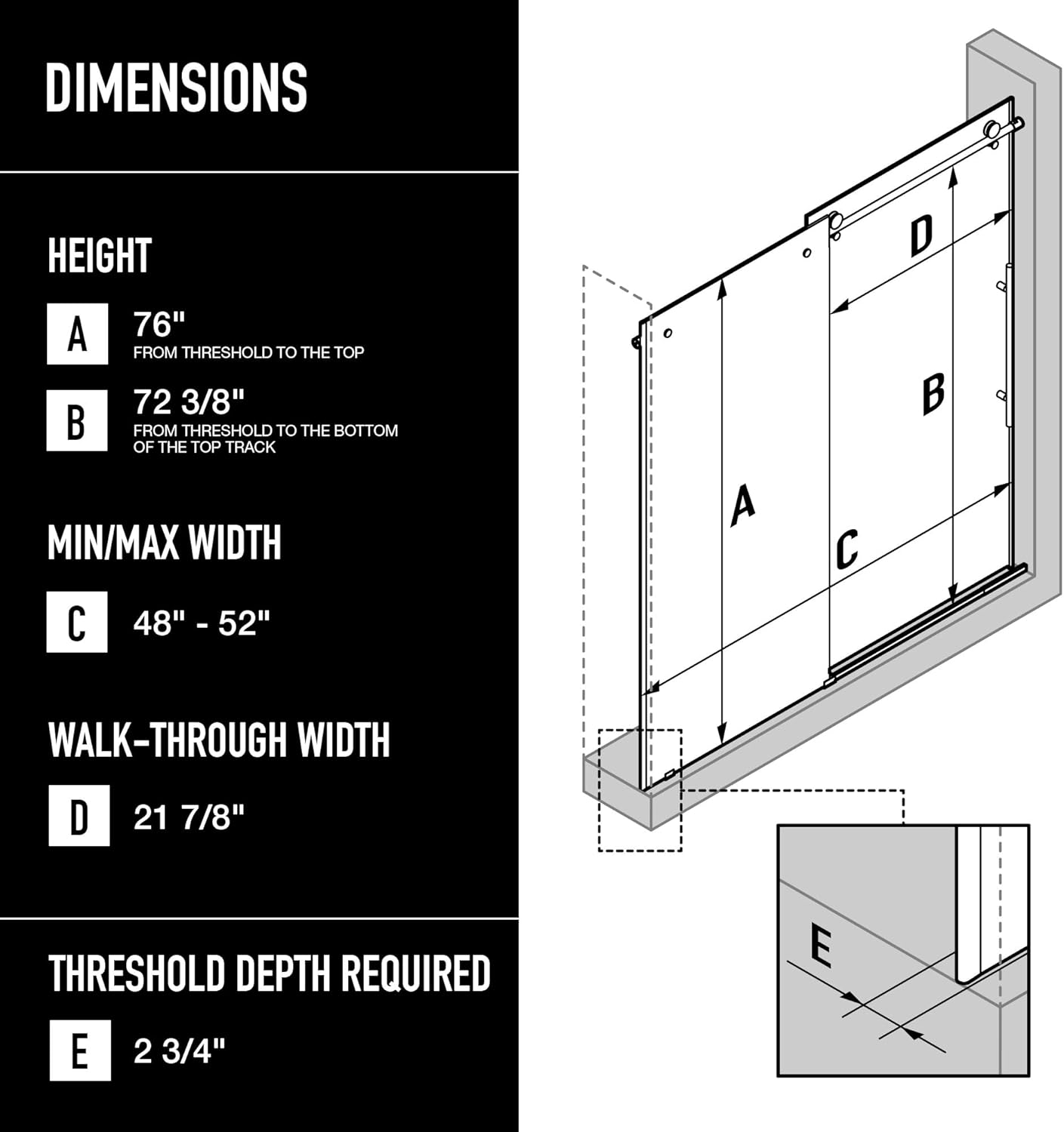 VIGO Elan E-Class 48 to 52 in. W x 76 in. H Sliding Frameless Shower Door in Matte Brushed Gold with 3/8 Clear Glass-VG6021MGCL5276