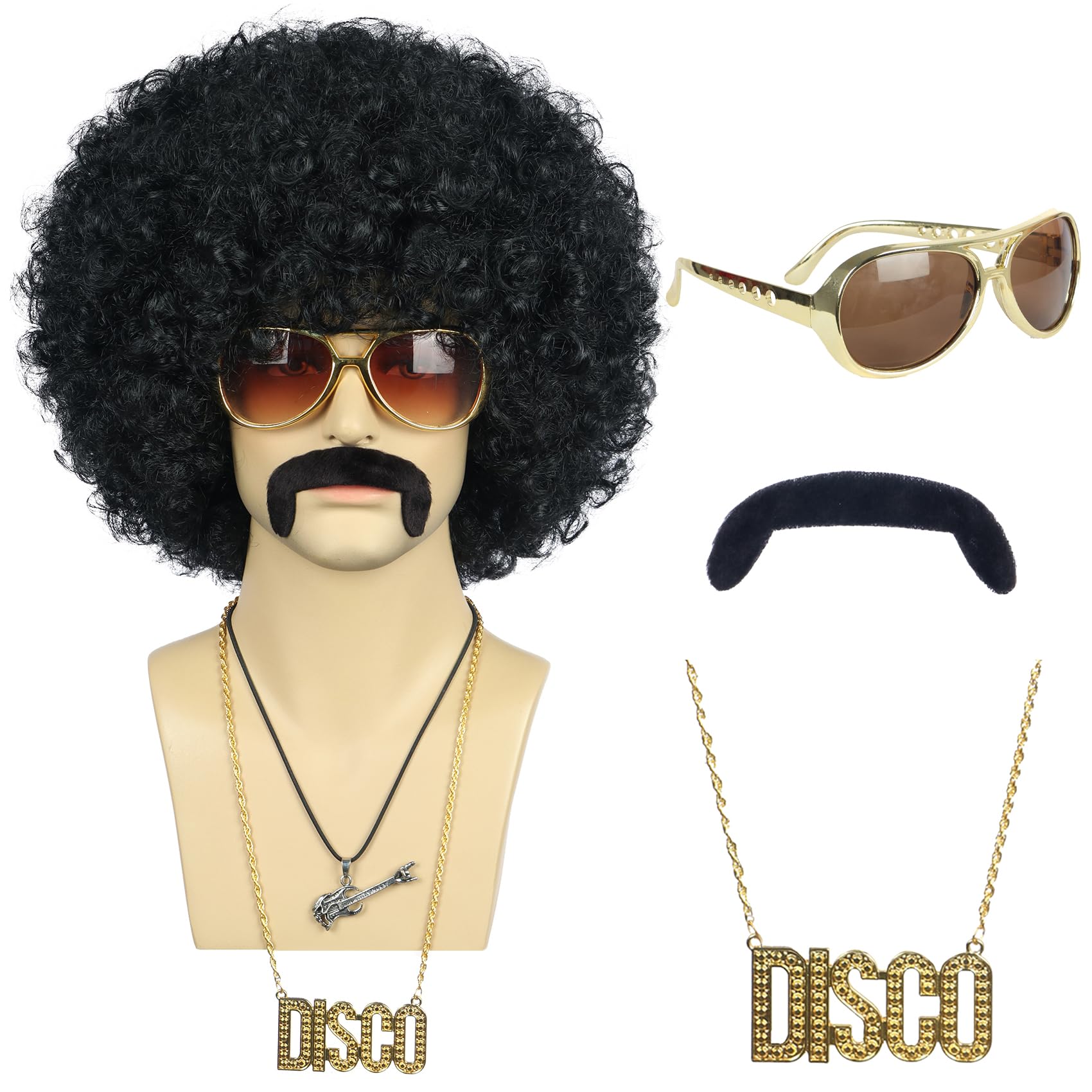VGbeaty Men Short Wave Black Wig with Glasses and Mustache and Gold Necklace Afro 70s 80s Disco Wig Heat Resistant Synthetic Fiber Soft Durable Breathable Cap for Halloween Costume Party